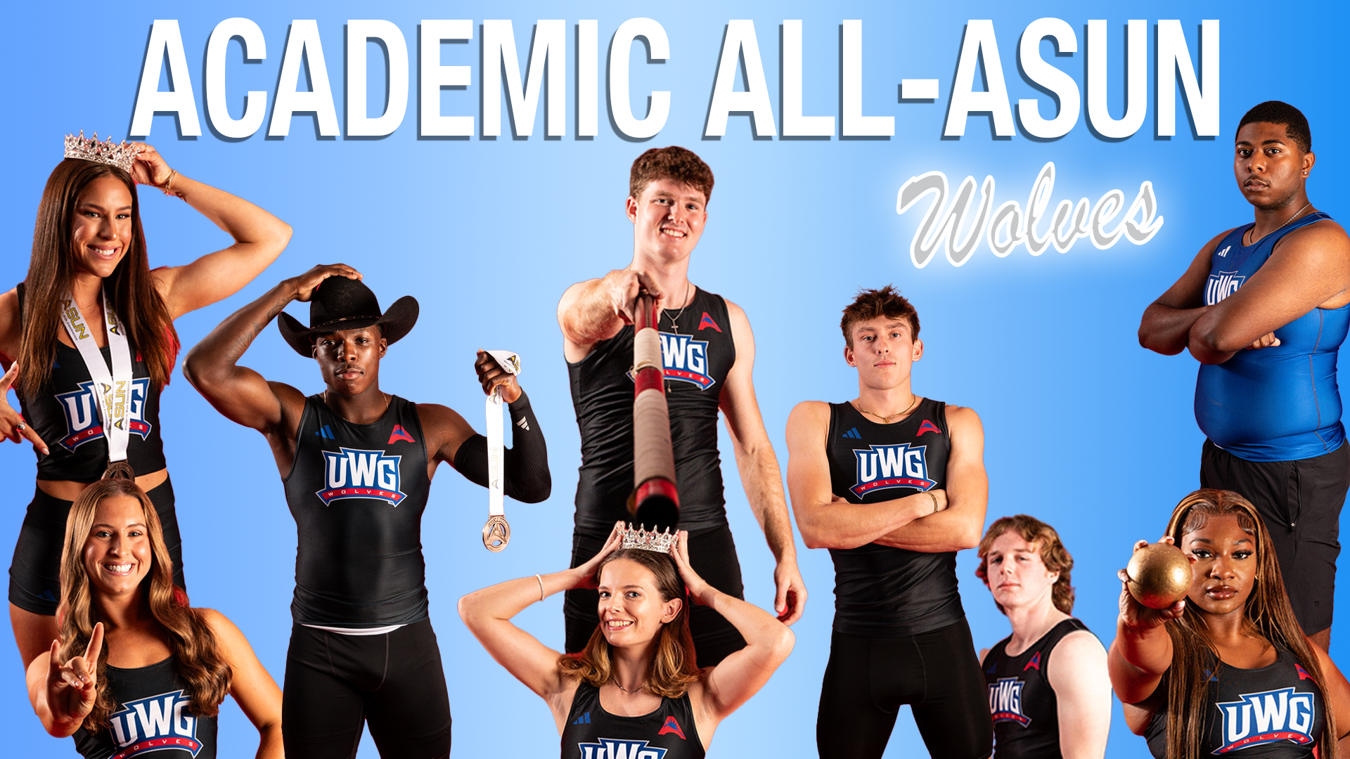 Graphic celebrating UWG track and field student-athletes named to the ASUN All-Academic Team. The graphic features nine athletes posed against a light blue background with large text reading “ACADEMIC ALL-ASUN” across the top and “Wolves” in script lettering on the right. Featured athletes wear black or blue UWG track and field uniforms while posing with medals, crowns, event equipment, and championship-themed props. Carleigh Bynum stands on the left holding a crown and wearing medals, while Dru Green poses beside her in a cowboy hat holding a medal. Connor McLain is centered holding a pole vault pole toward the camera, with Mallory Peavey below him wearing a crown. Ethan Butler-Paige stands with arms crossed near the center-right, while Shea Thiewes is positioned lower right. Chloe Leblanc is featured in the bottom right holding a shot put toward the camera, and Kellen Andrews stands on the far right with arms crossed in a blue UWG uniform.