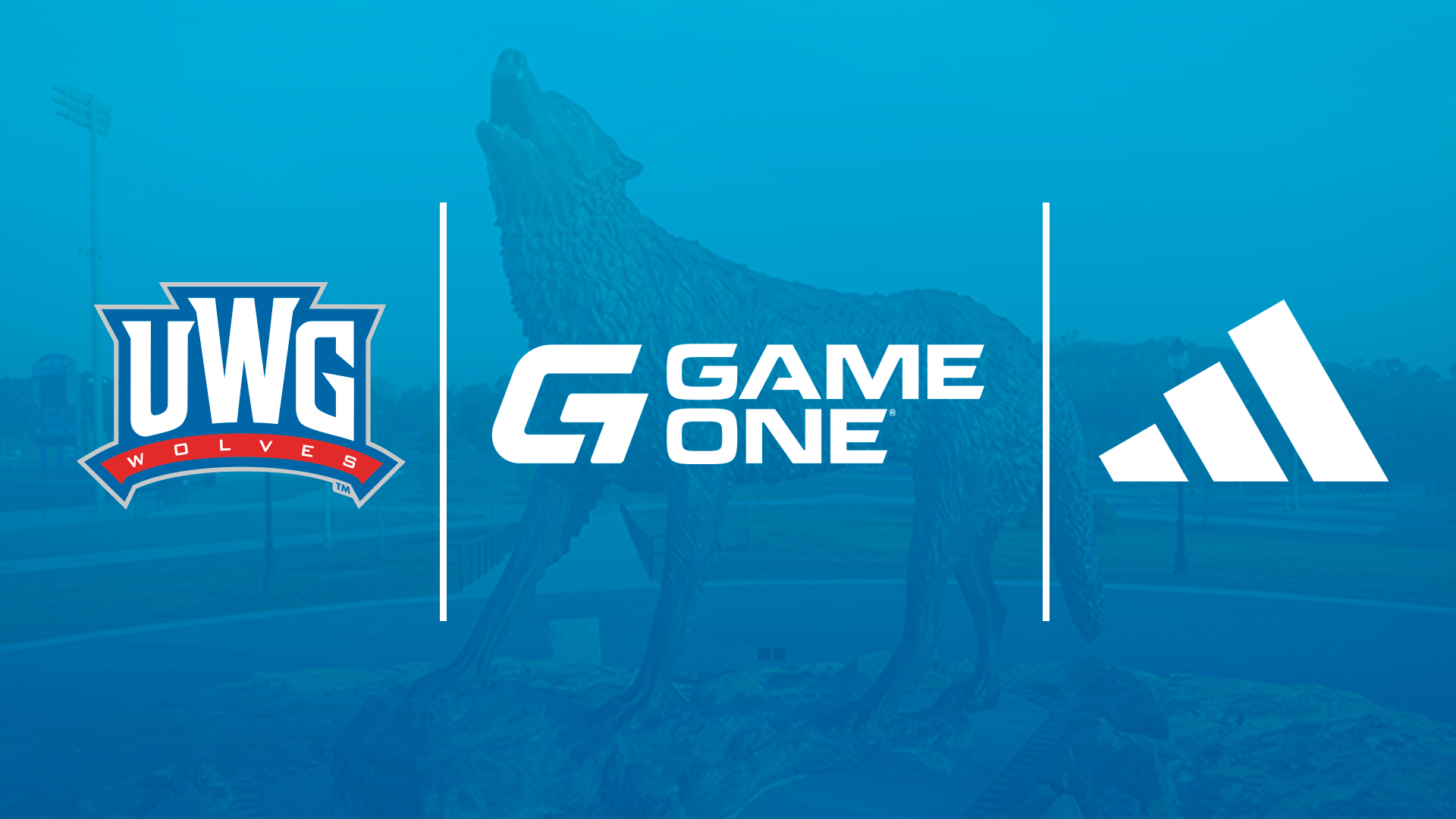 Promotional graphic featuring the logos of the University of West Georgia, Game One, and Adidas to announce the partnership of Game One as the official provider of Adidas for UWG Athletics