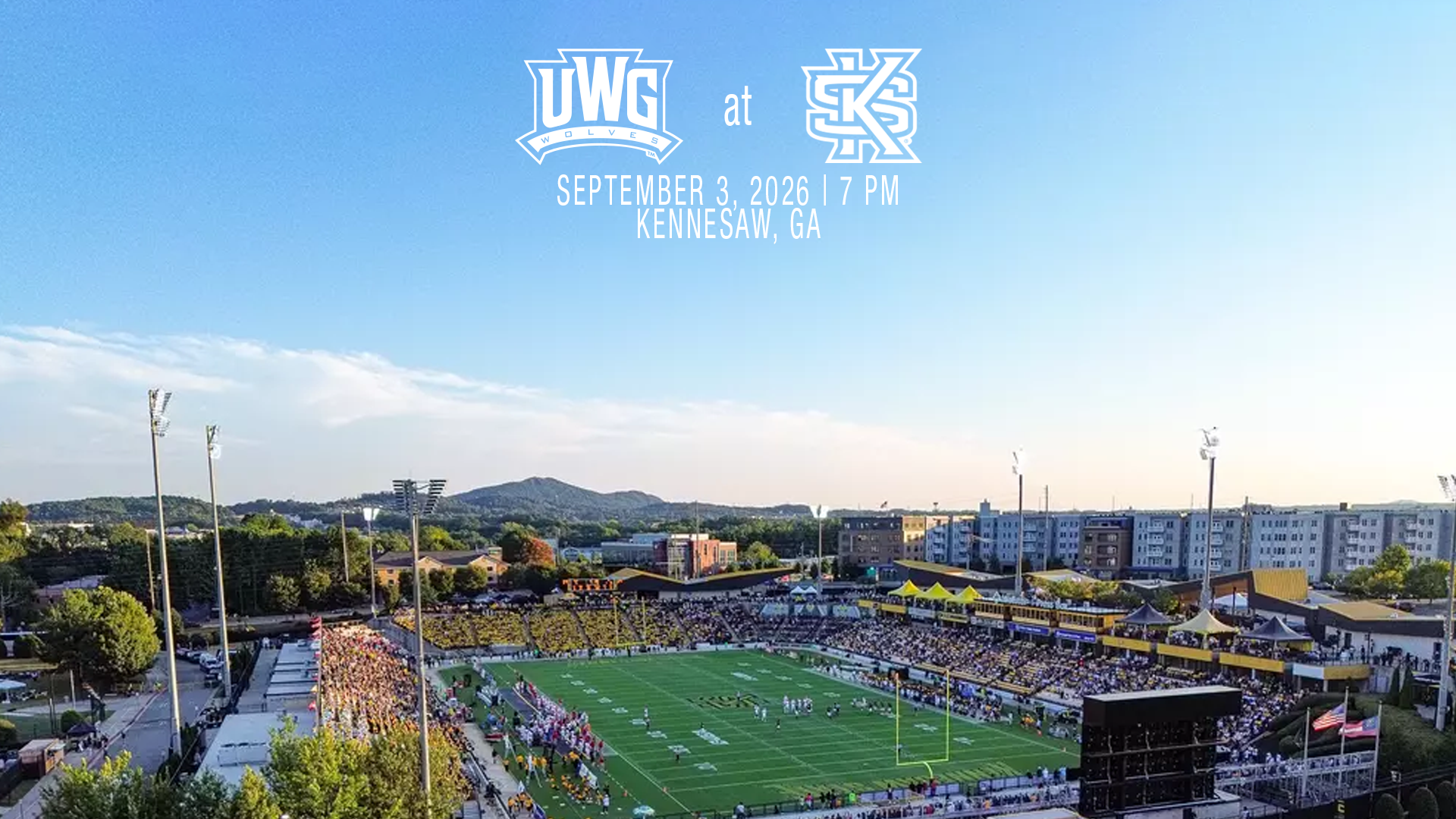 Promotional graphic for a football game between the University of West Georgia Wolves and Kennesaw State. Game scheduled for September 3, 2026, at 7 p.m. in Kennesaw, Georgia.