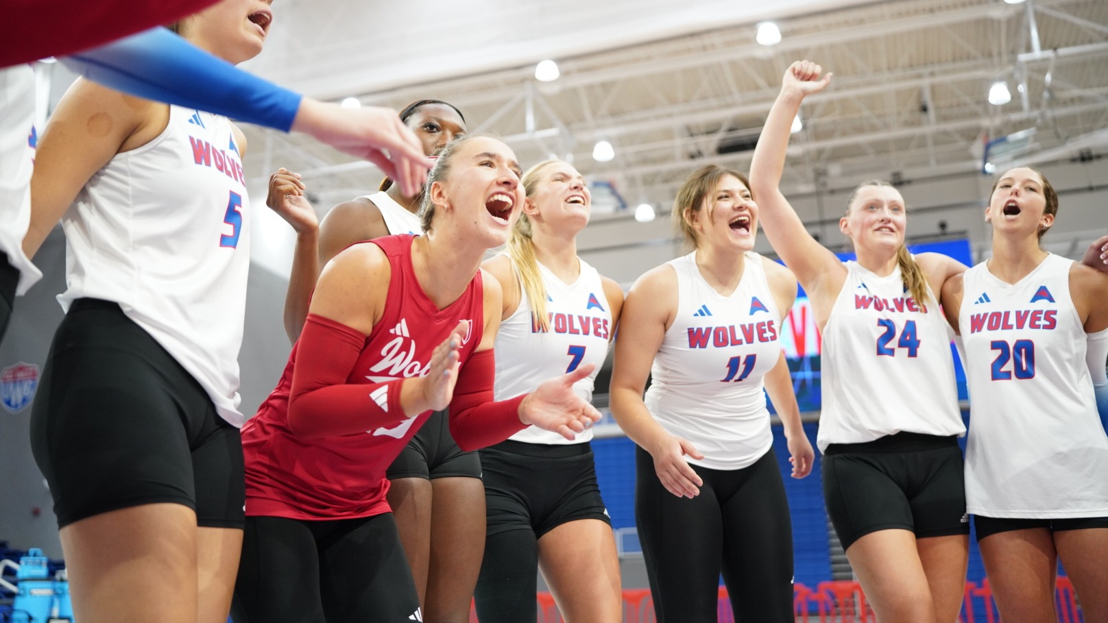 UWG Volleyball celebrates following a season opening win in 2026.