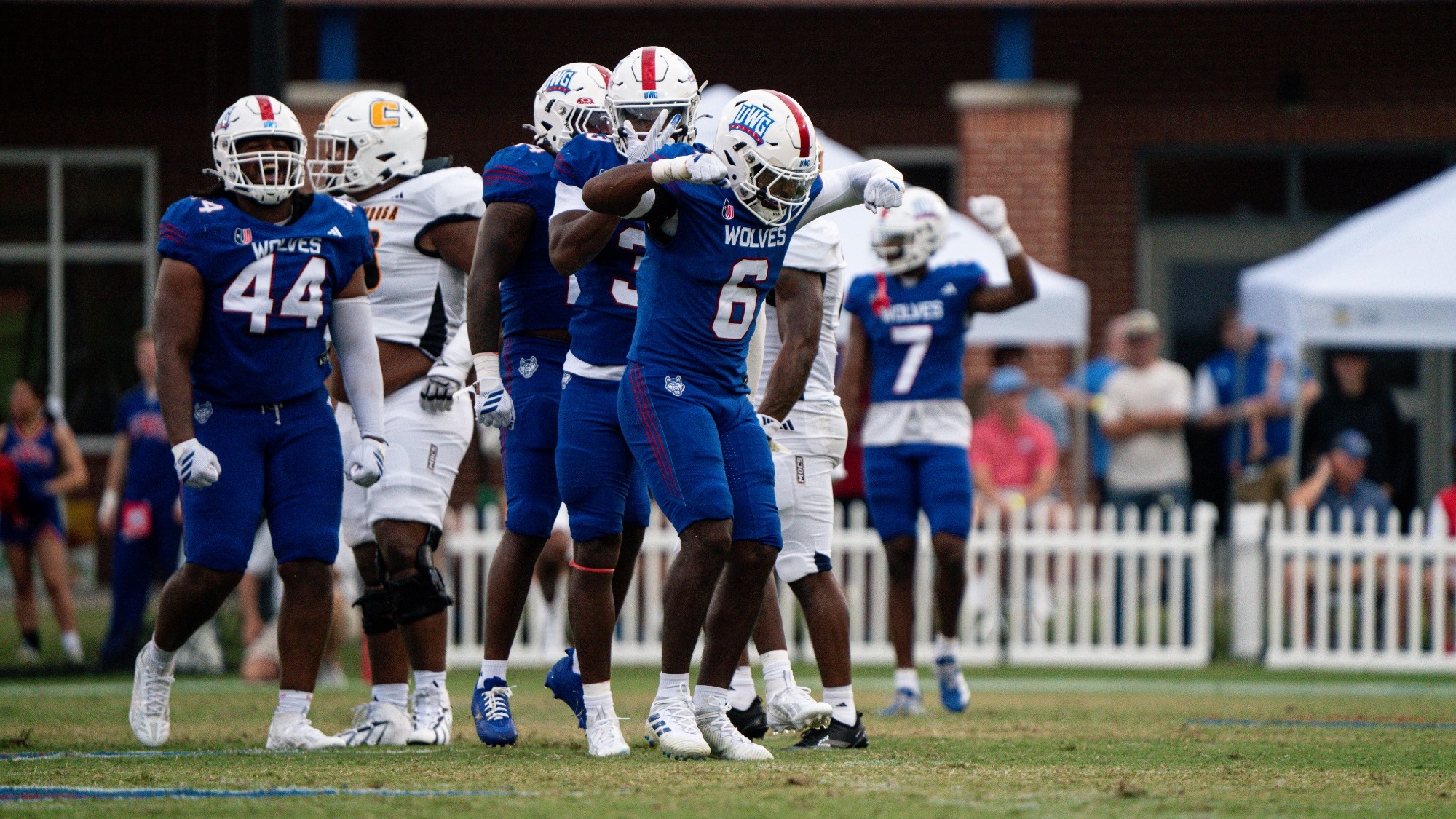 Chidu Bekee celebrates a sack in the Wolves week zero home game against Chattanooga.