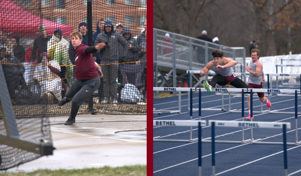 Anthony Staryszak throws a discus and Luke Schroeder jumps over a hurdle