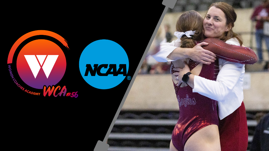 Coach Kasey Crawford hugging one of her gymnasts. 