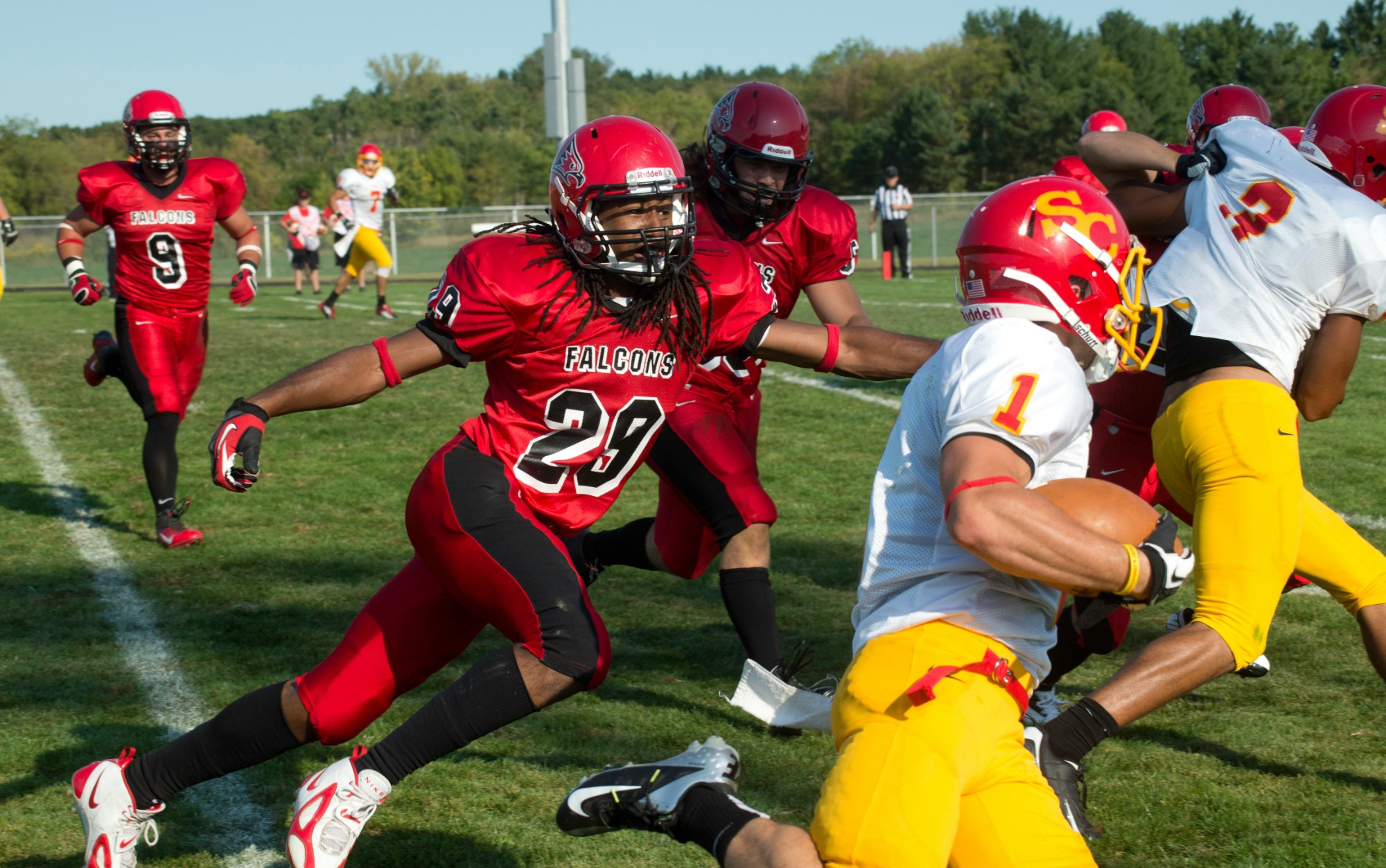 The Falcon football team take on Simpson Storm in the season opener  September 1, 2012, at Ramer Field.  .The Falcons lose 31-22. ..Kathy Helgeson/UWRF Communications
