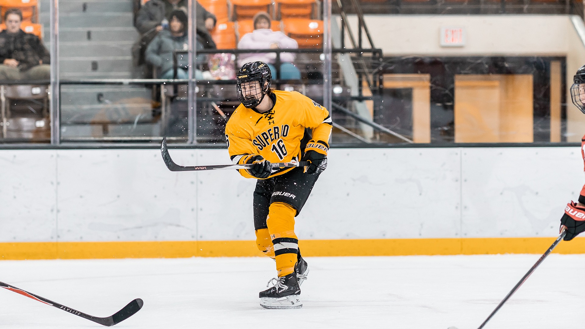 Collin Pederson takes a shot against UW-River Falls.