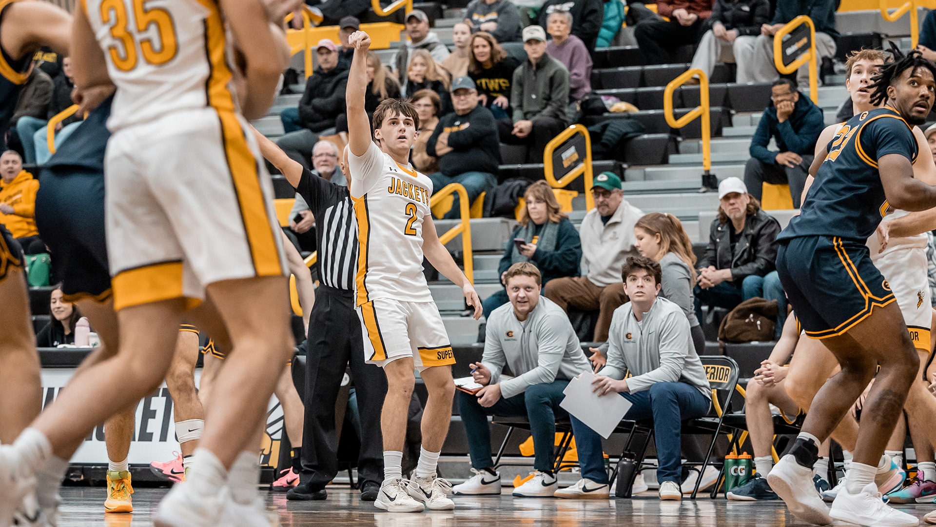 Hayden Quimby attempts a three pointer against UW-Eau Claire. 