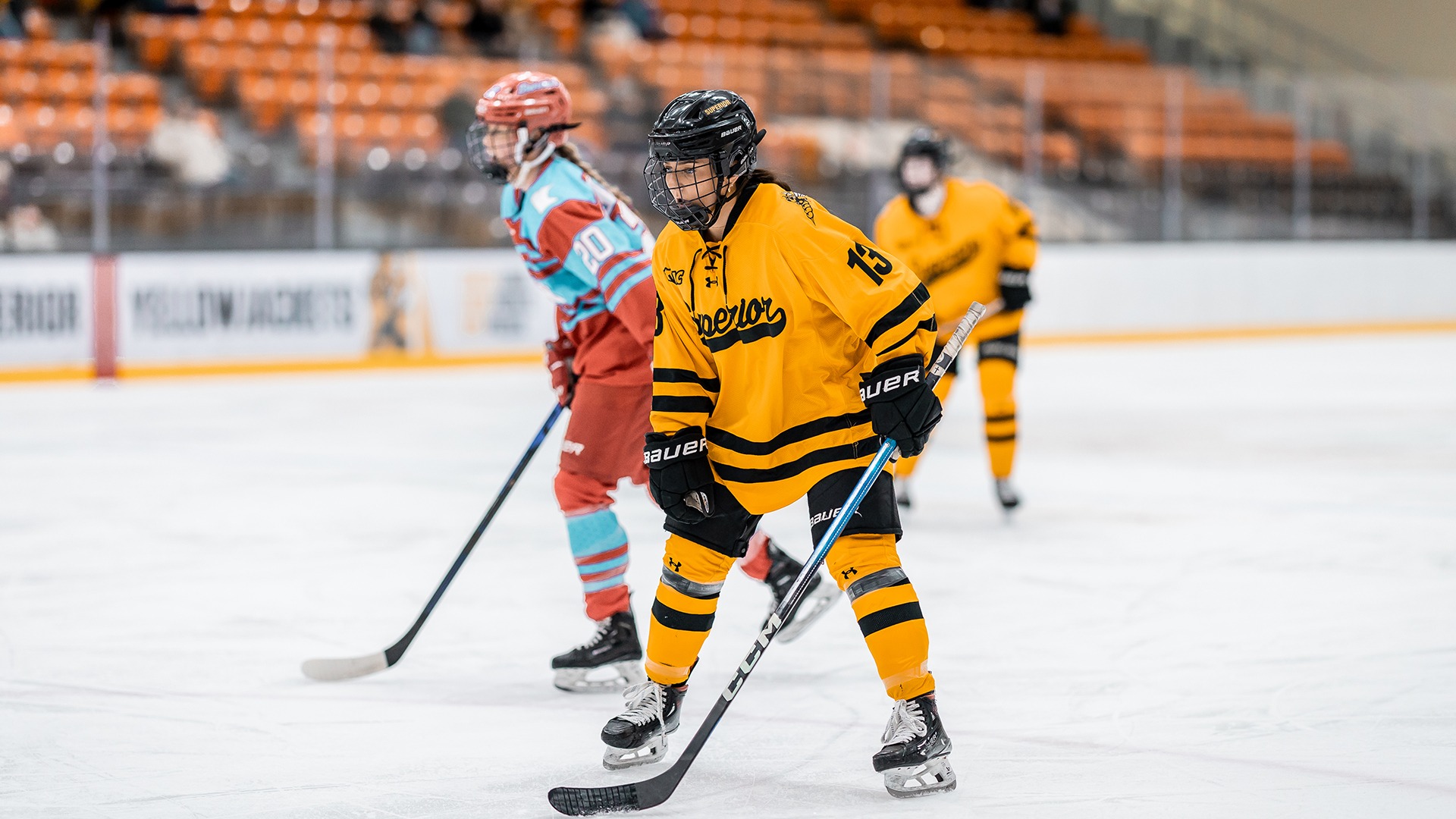 Anna Scherling gets set for a faceoff against Saint Benedict. 