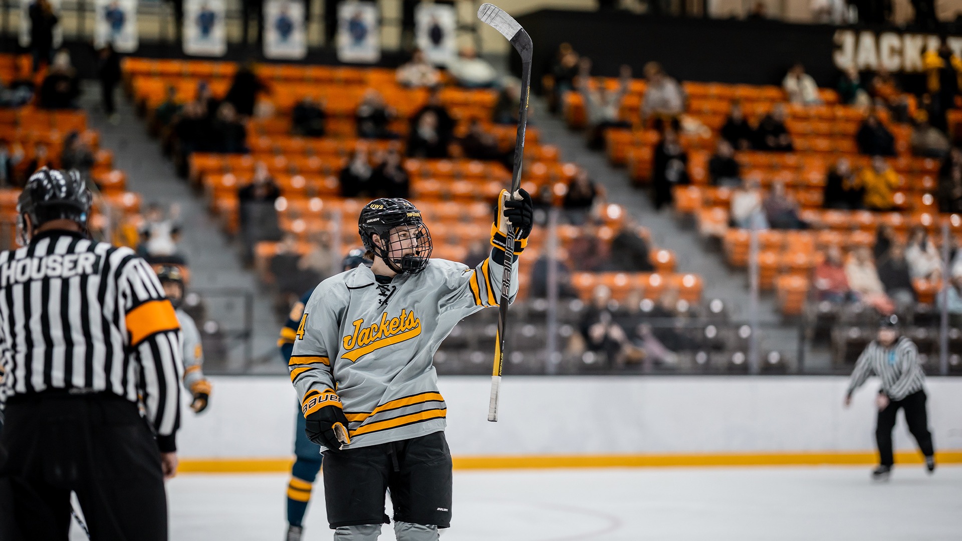 Andrew Larson celebrating his goal in the first period against UW-Eau Claire.