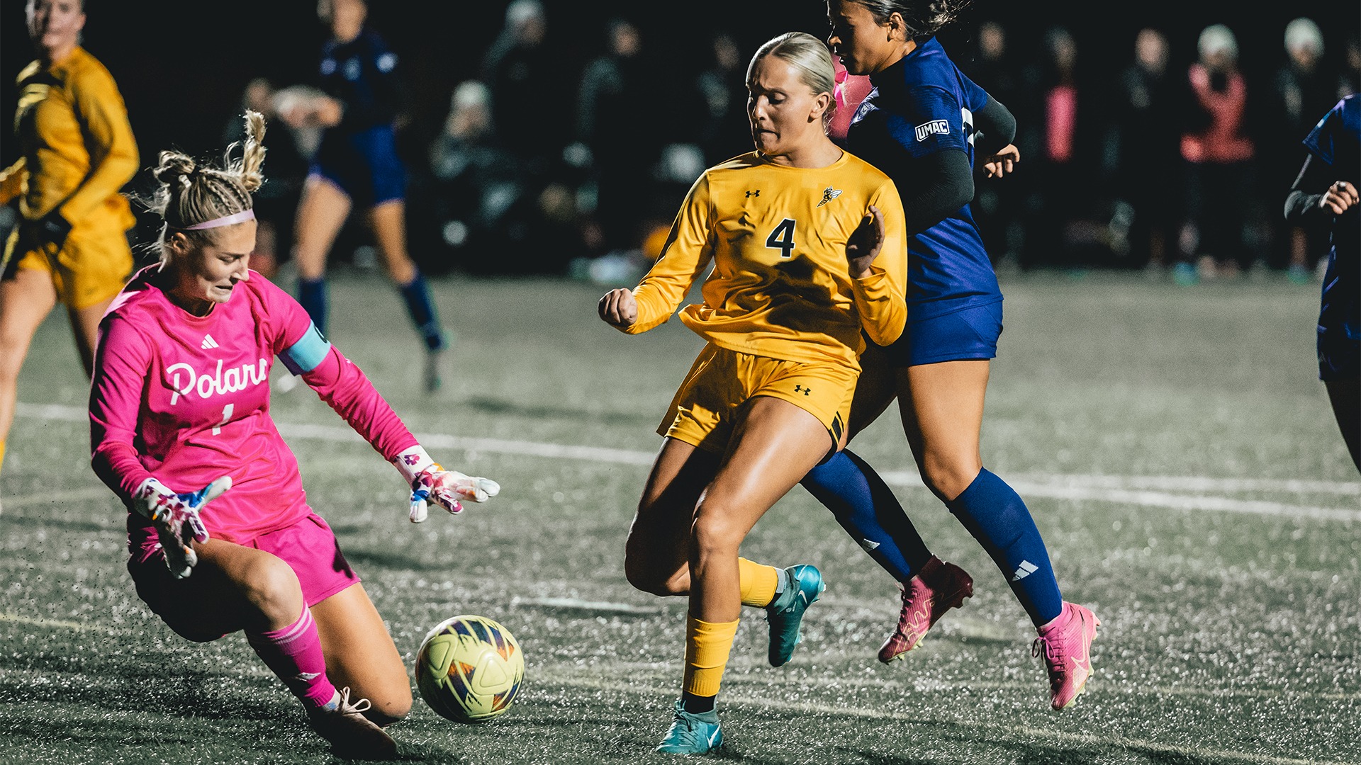 Brook Judnick sends a shot past Crown's goalkeeper.