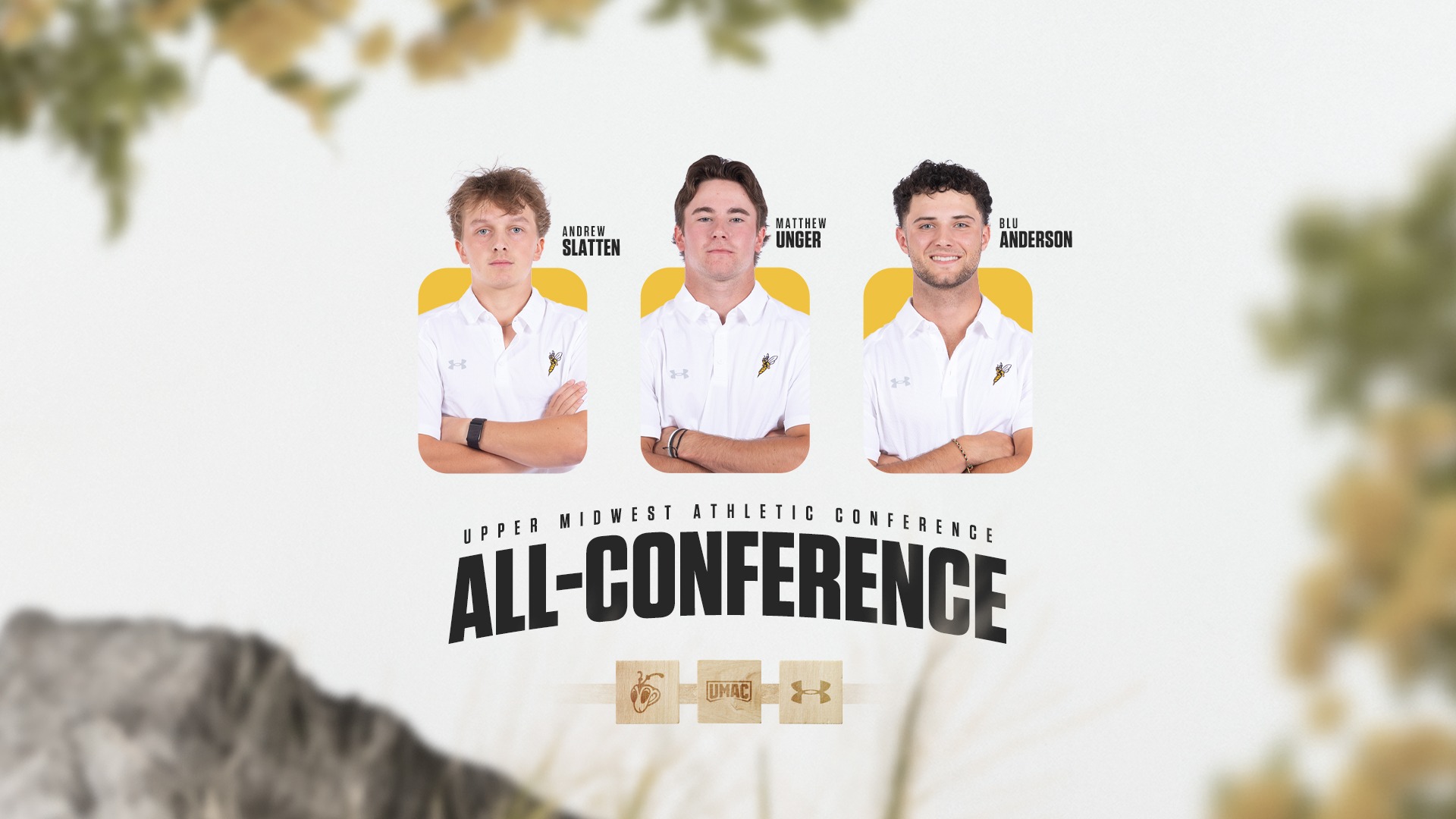 A graphic with outdoor woods and nature that features three Yellowjacket student-athletes.
