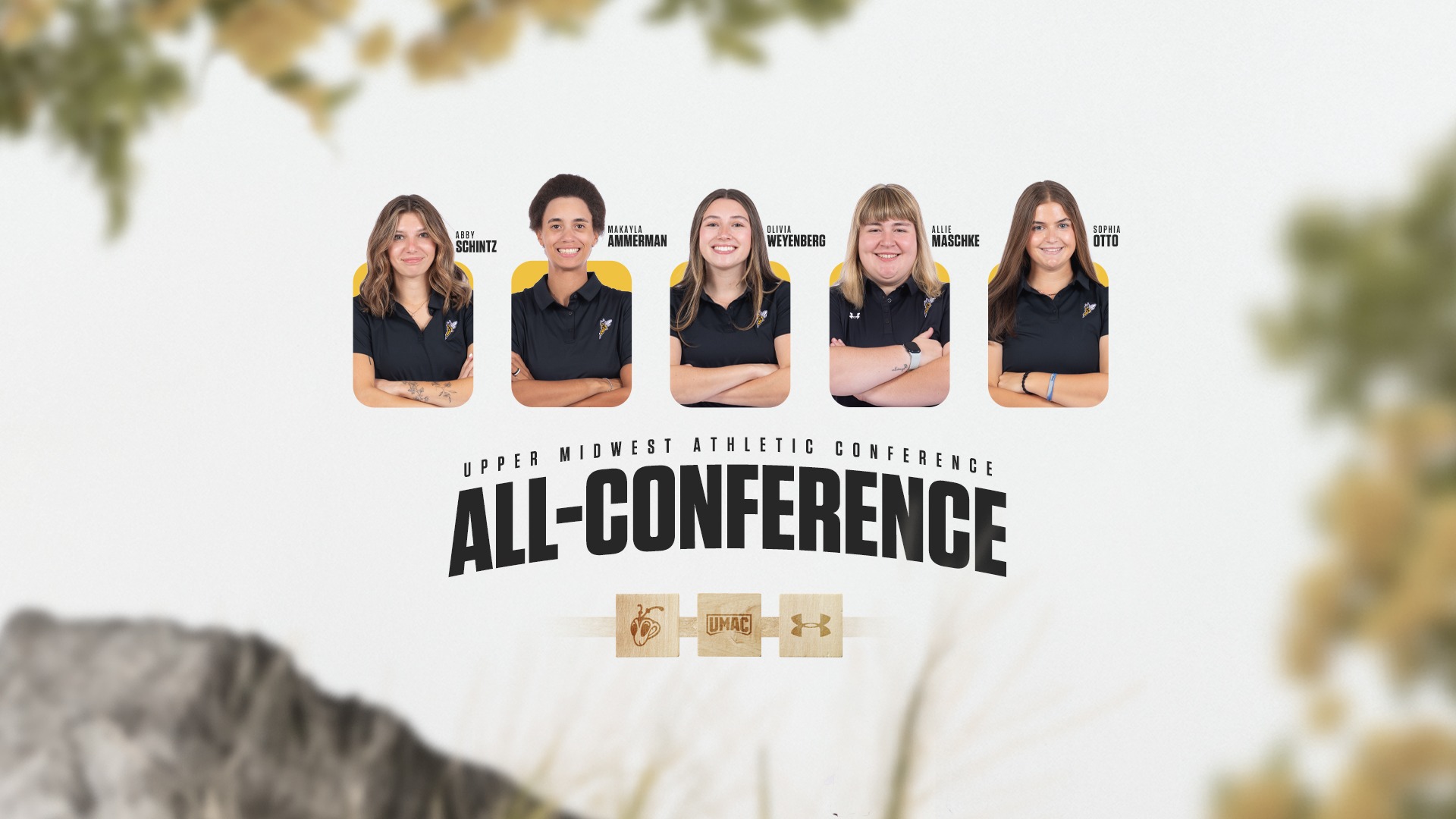 Five student-athletes around graphical representations of outdoors and nature-themed designs.