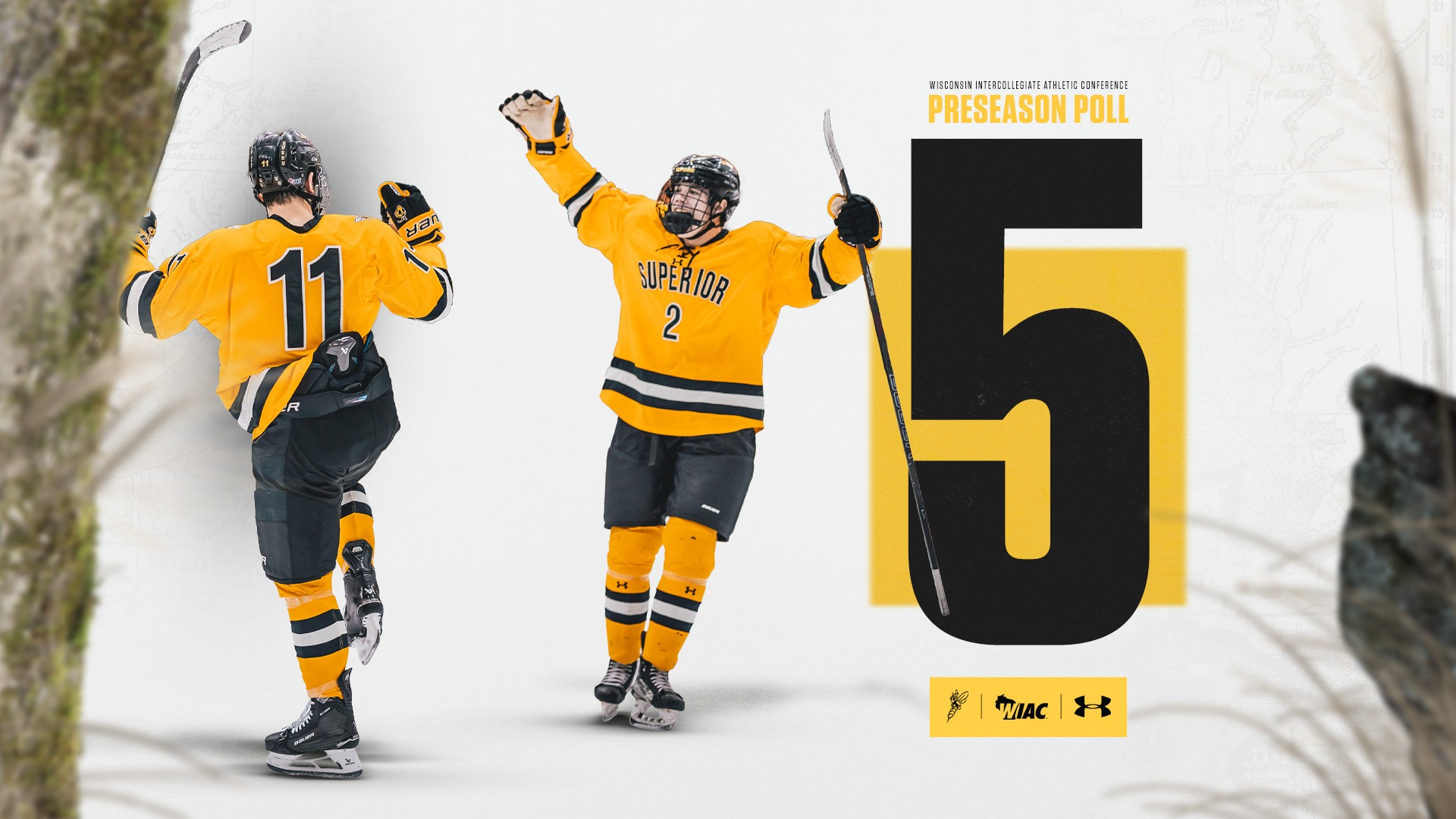 Two members of the Yellowjacket men's hockey team celebrating a goal next to a large number 