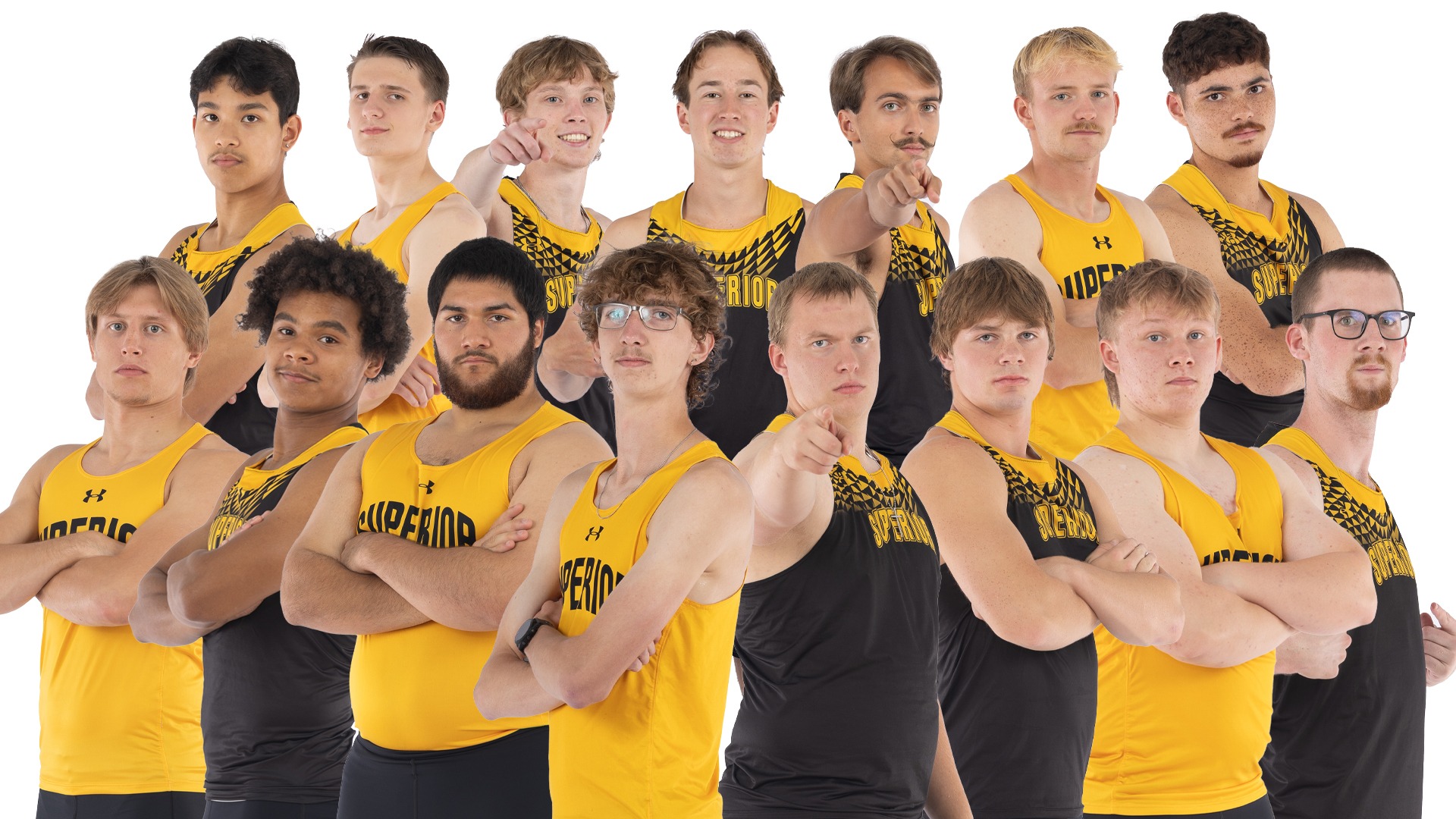 15 Yellowjacket men's track and field athletes posing.