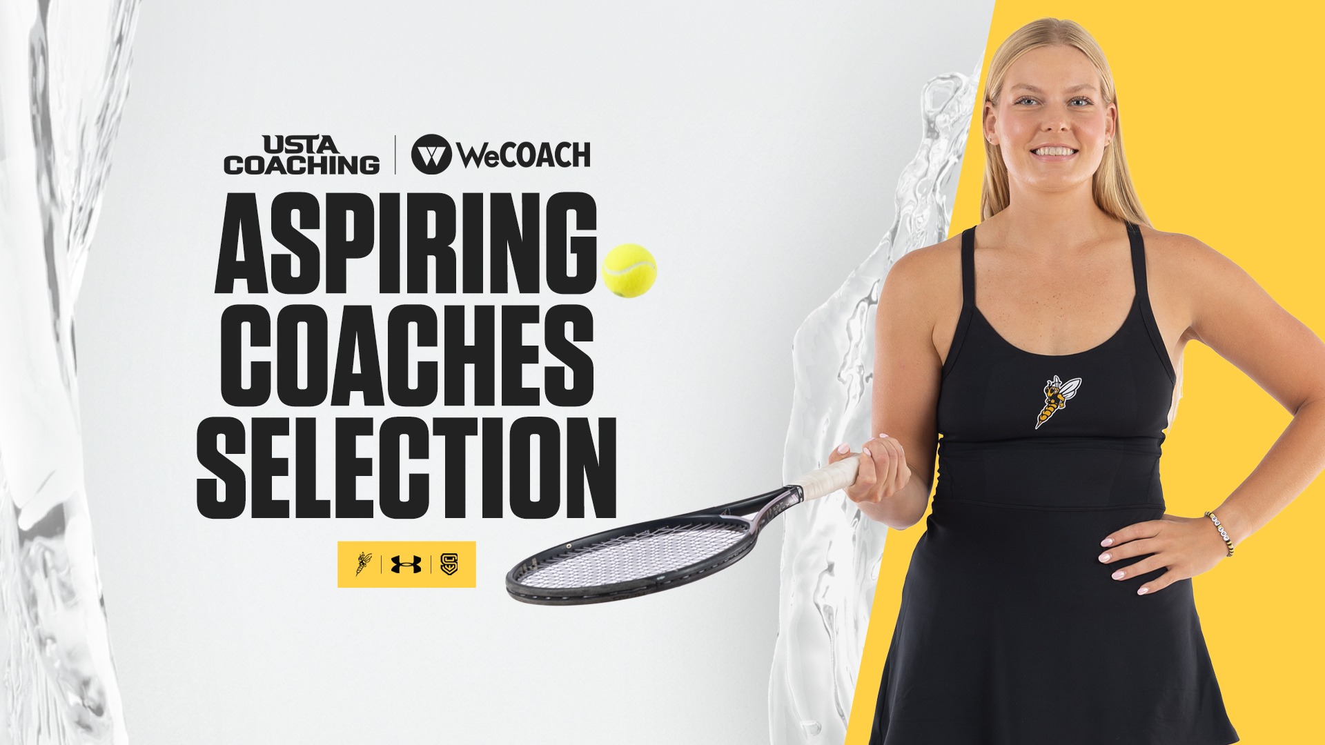 A woman in a black tennis dress stands smiling next to text reading 