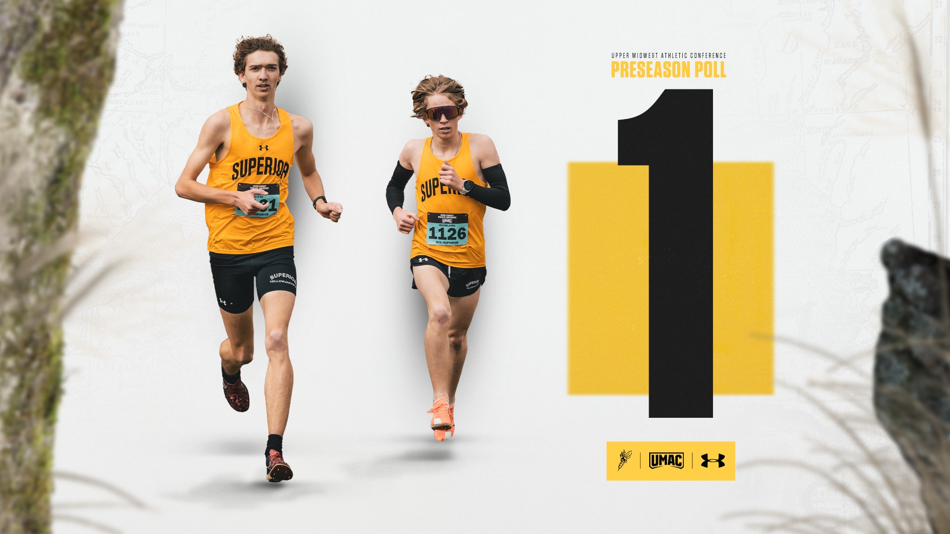 Two men runners in yellow tops stride outdoors beside a bold “1” preseason poll graphic, conveying athleticism, energy, and competition.
