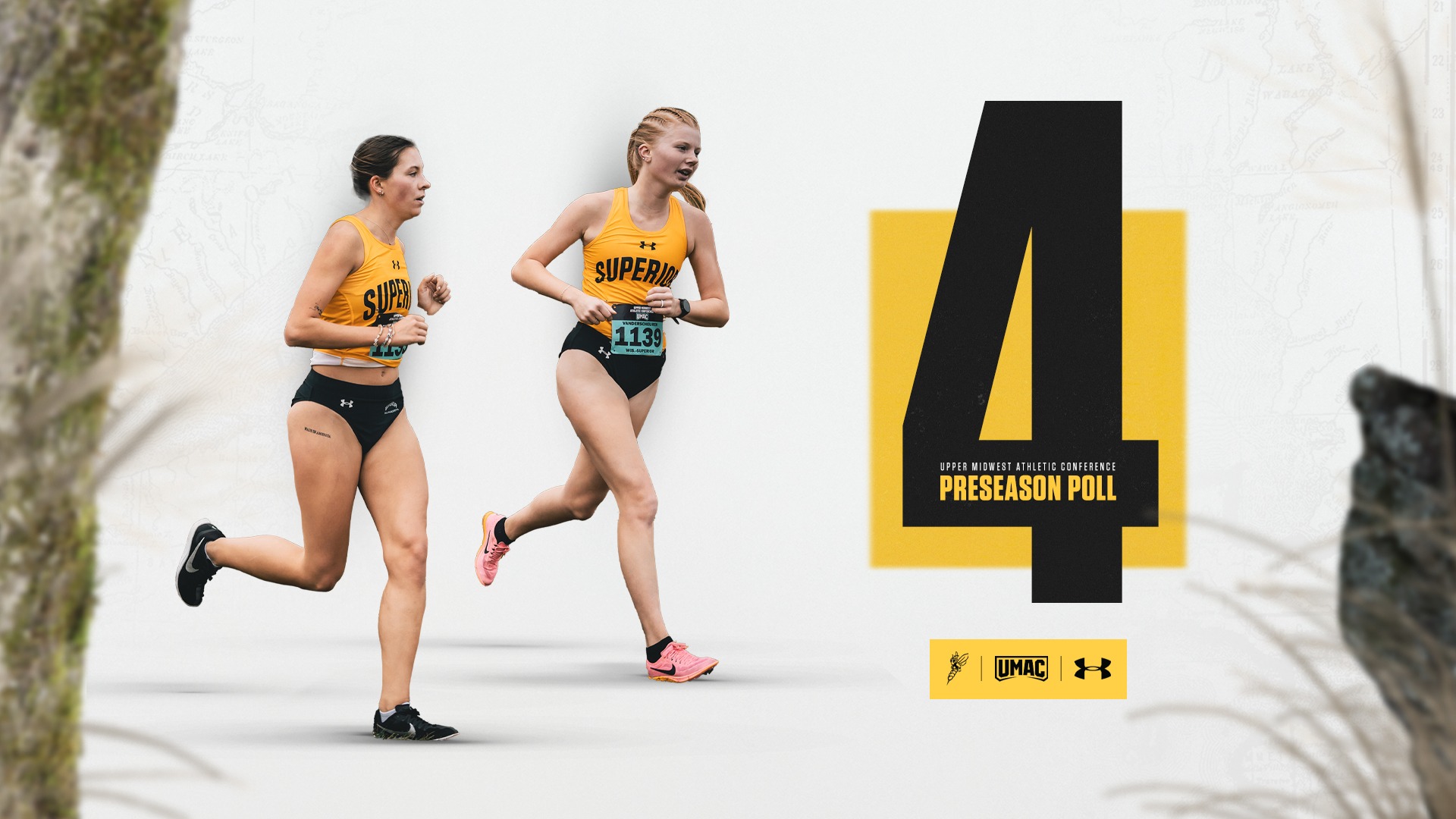 Two women runners in yellow tops stride outdoors beside a bold “4” preseason poll graphic, conveying athleticism, energy, and competition.