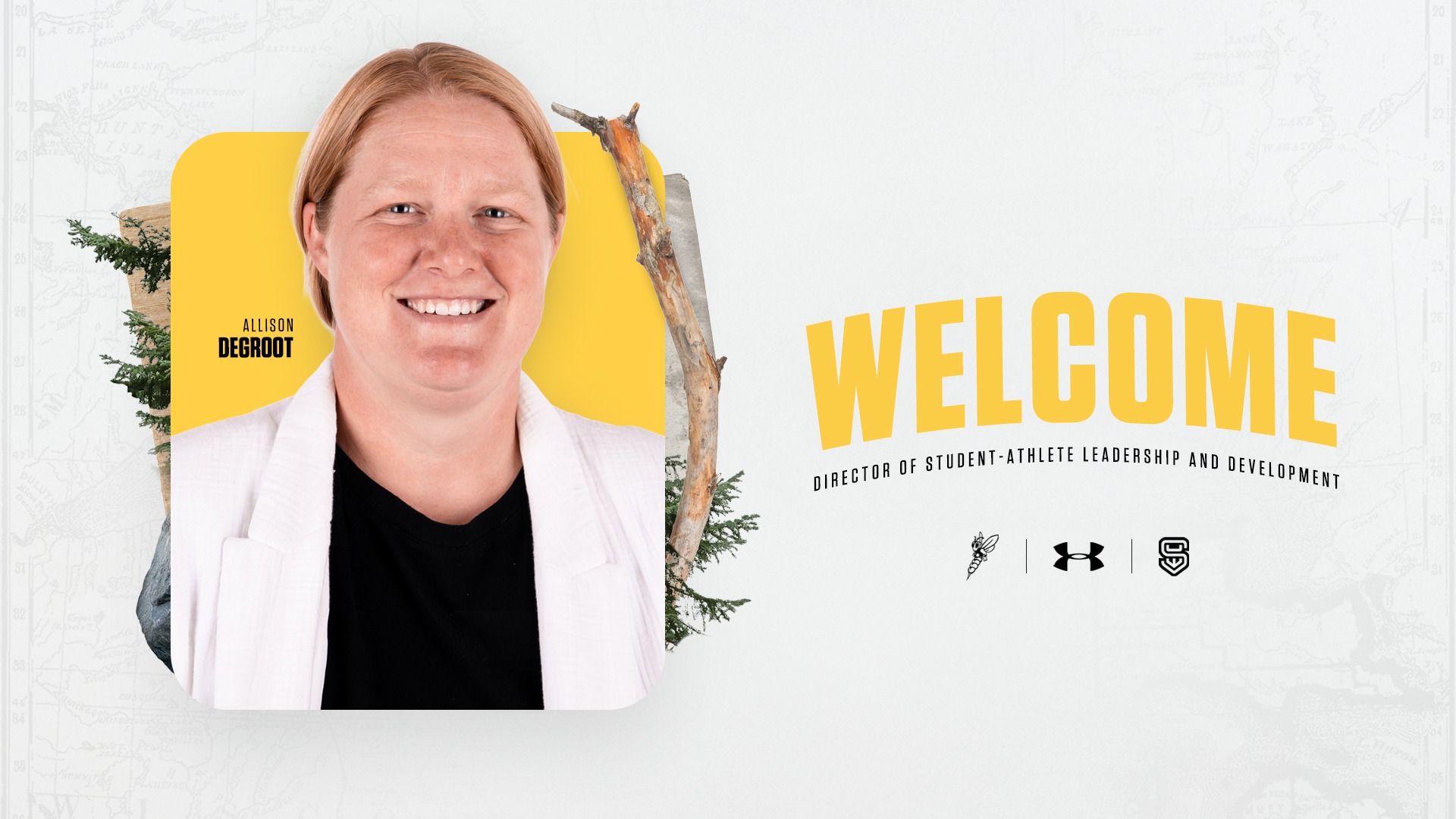 Headshot of Allison DeGroot smiling, with text welcoming her as Director of Student-Athlete Leadership and Development. Logos of three organizations appear below the text.