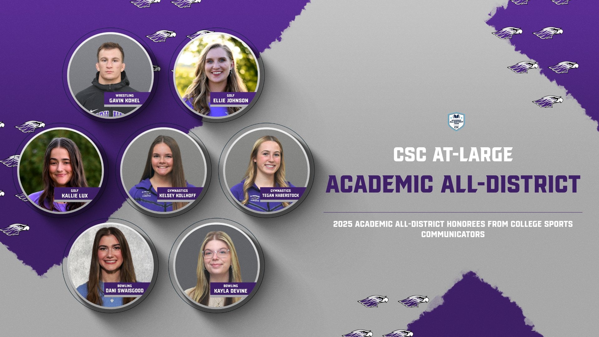 CSC Academic All-District At-Large 2025; Graphic with photos and text 
