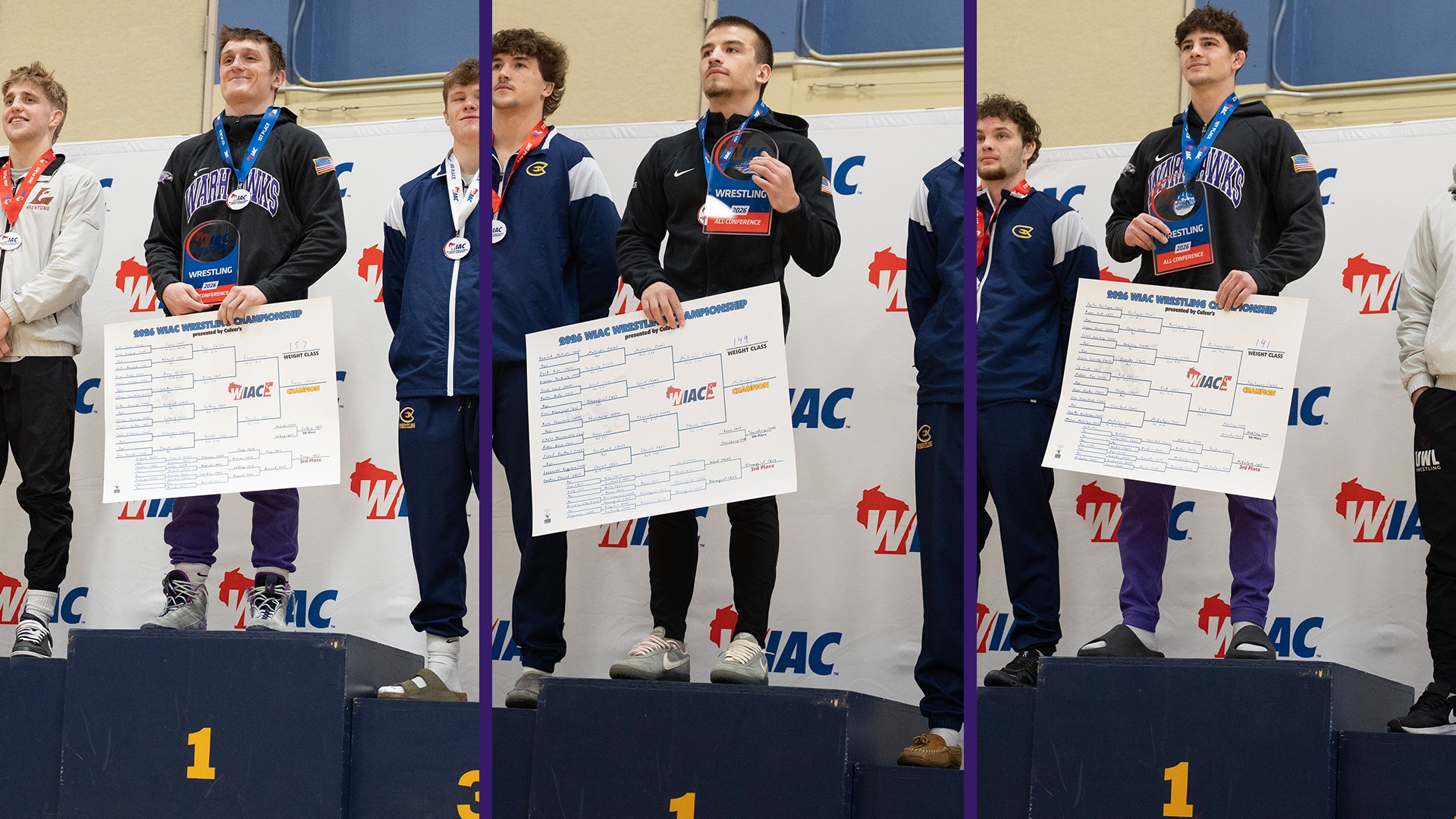 Action photos of Luke Swan, Dominik Mallinder, Justin Fortugno on the podium after winning their weight classes at the 2026 WIAC Championships