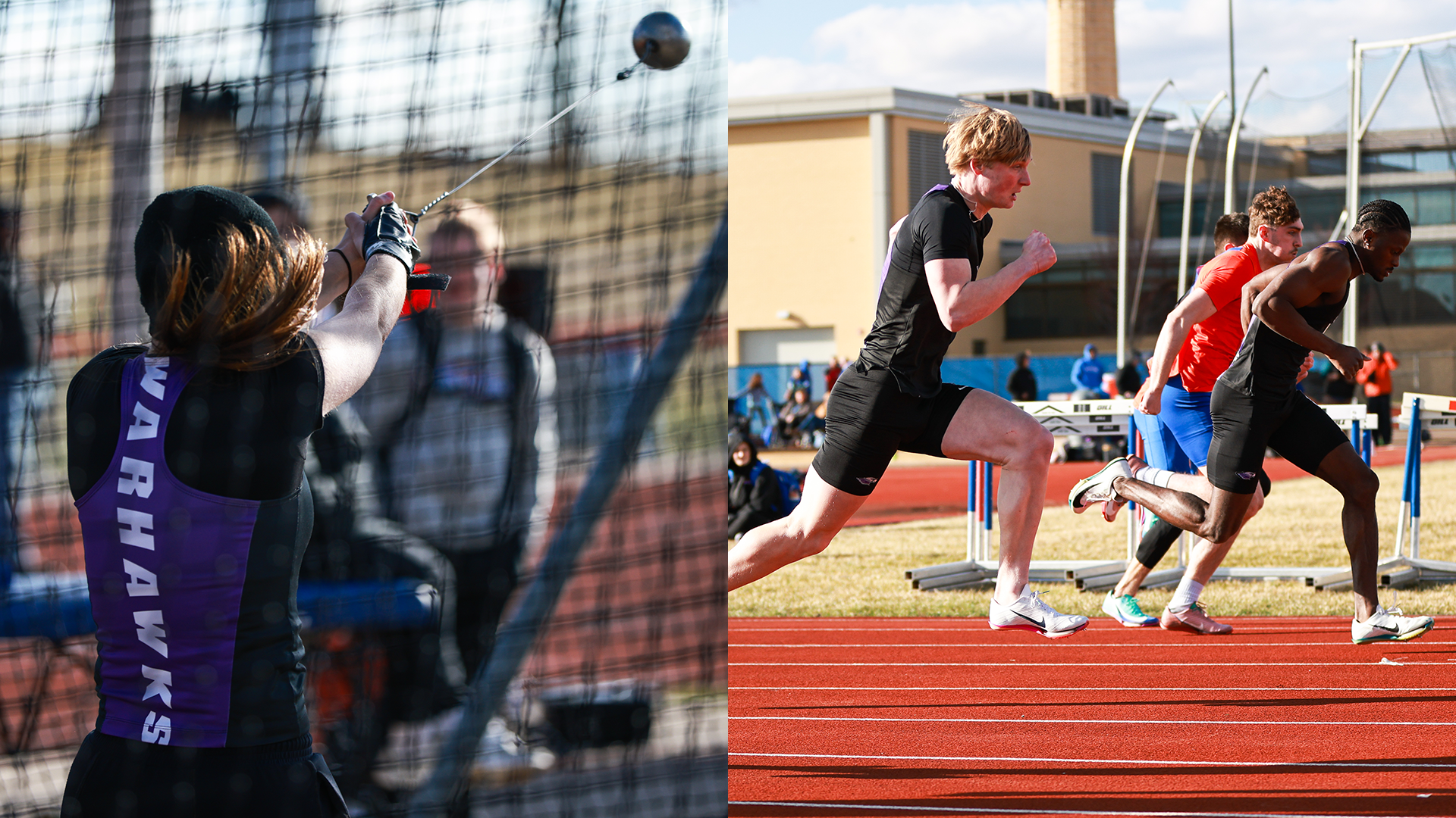 L-R: Action photos of female Warhawk competing in the hammer throw and two Warhawks competing in a men's sprint