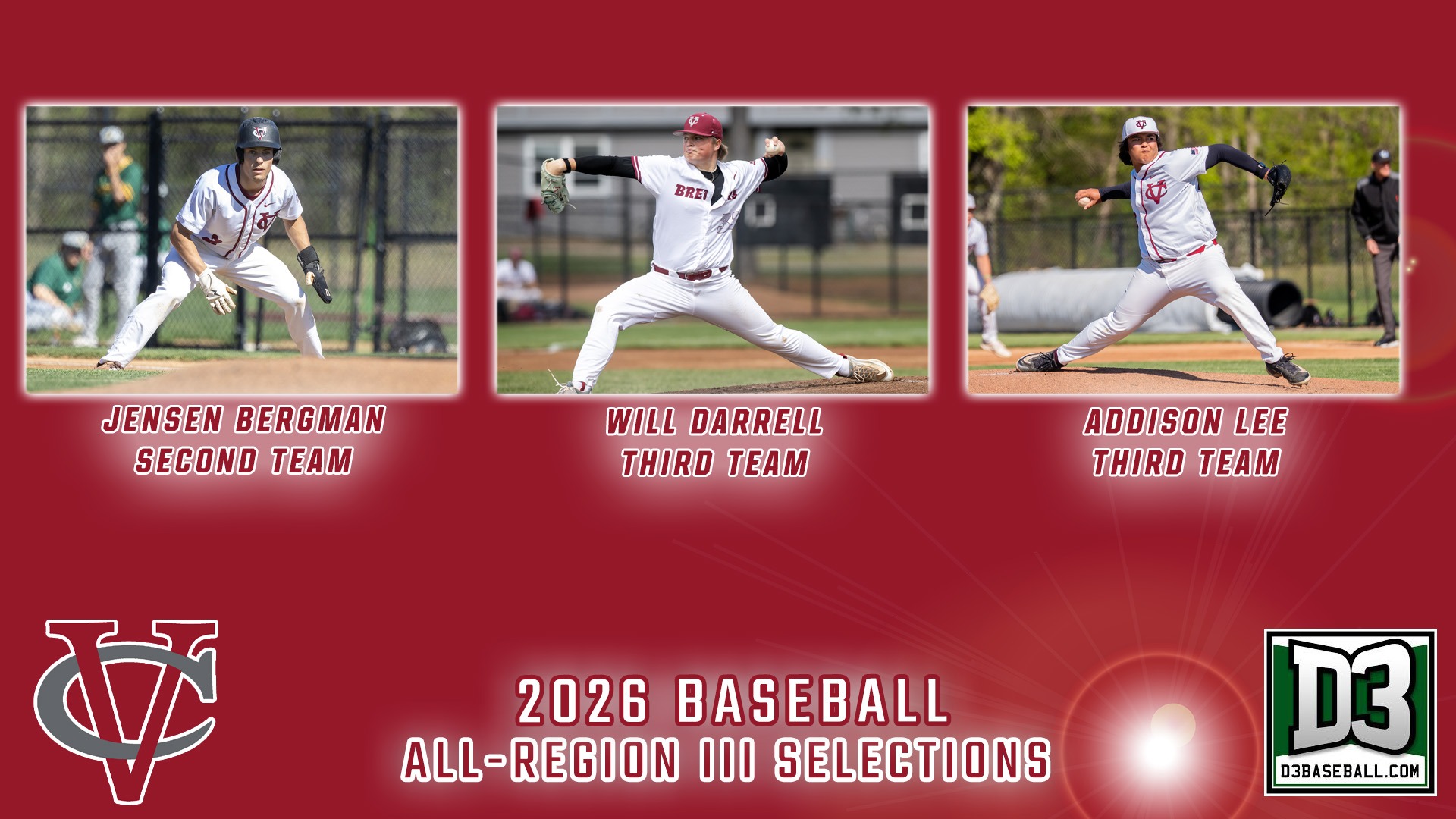 D3Baseball.com All-Region III 2026 - Jensen Bergman, Will Darrell, Addison Lee