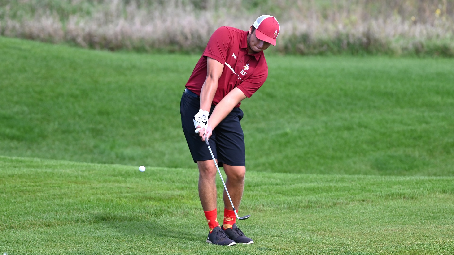 Grant Inniger chips onto the green at Hawktree Golf Course Tuesday.