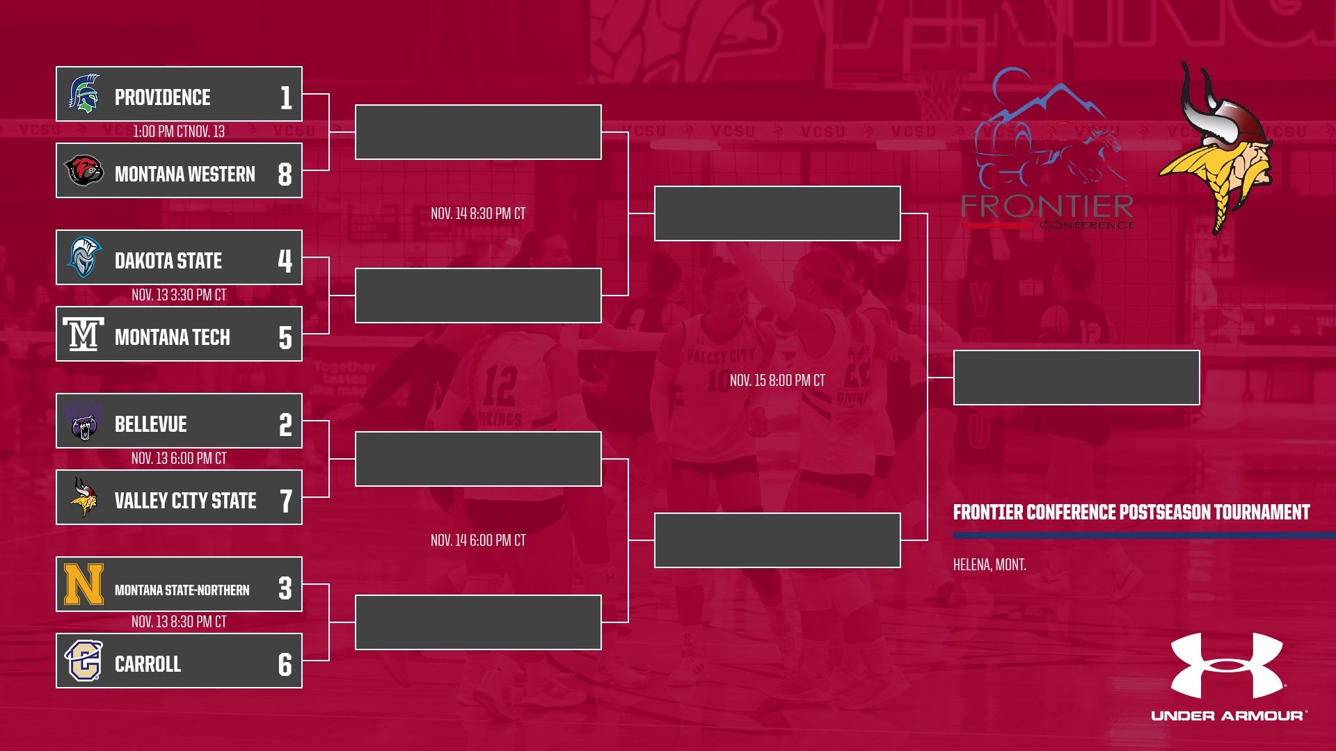 2025 Frontier Conference Tournament Graphic. VCSU vs. BU Thursday, Nov. 13 at 8:30 PM.