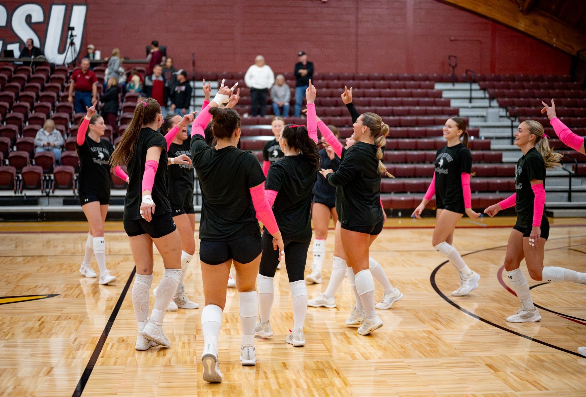 Post-game Story- VB vs. Carroll College 2026, VCSU Volleyball meets in the middle of the court to breakdown before their match.