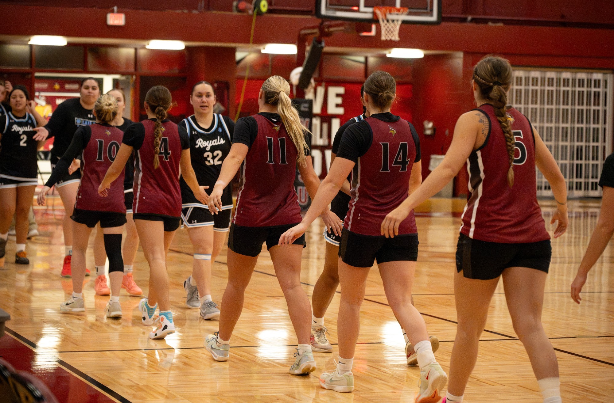 Pre-game story- WBB weekend at Corn Palace, VCSU women's basketball shakes hands with Lake Region CC after a scrimmage. 