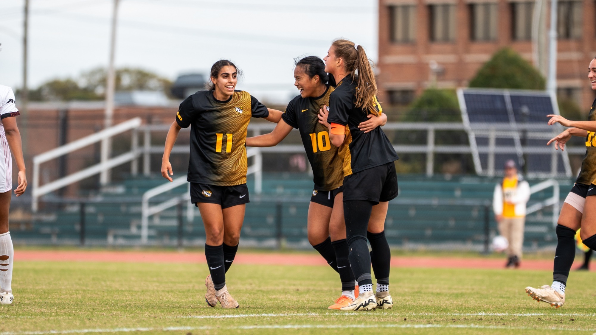 Ishpreen Marwah, Y-Van Nguyen, Kendyl Sarver celebrate goal vs. Davidson