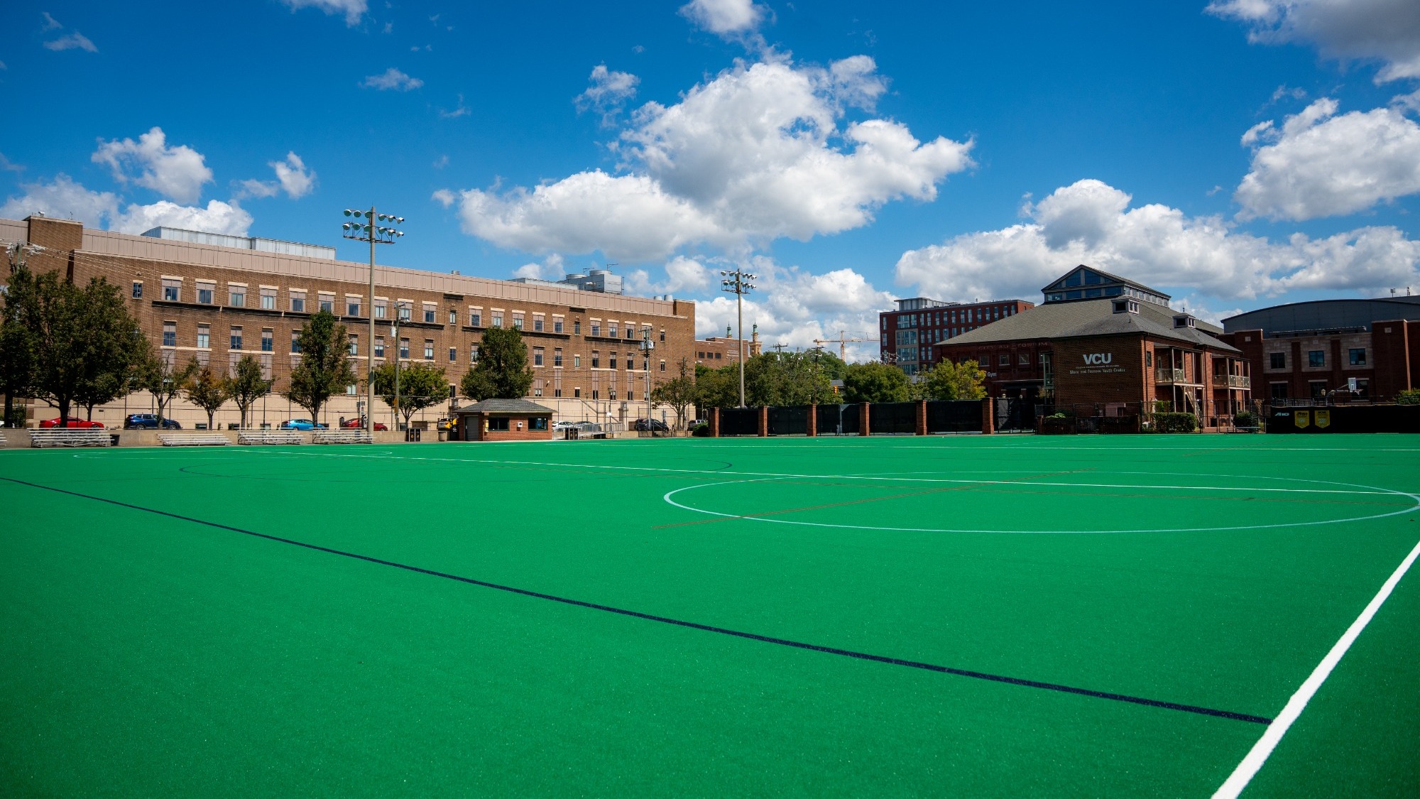 Wide angle photo of an empty Cary Street Field on a sunny day in September