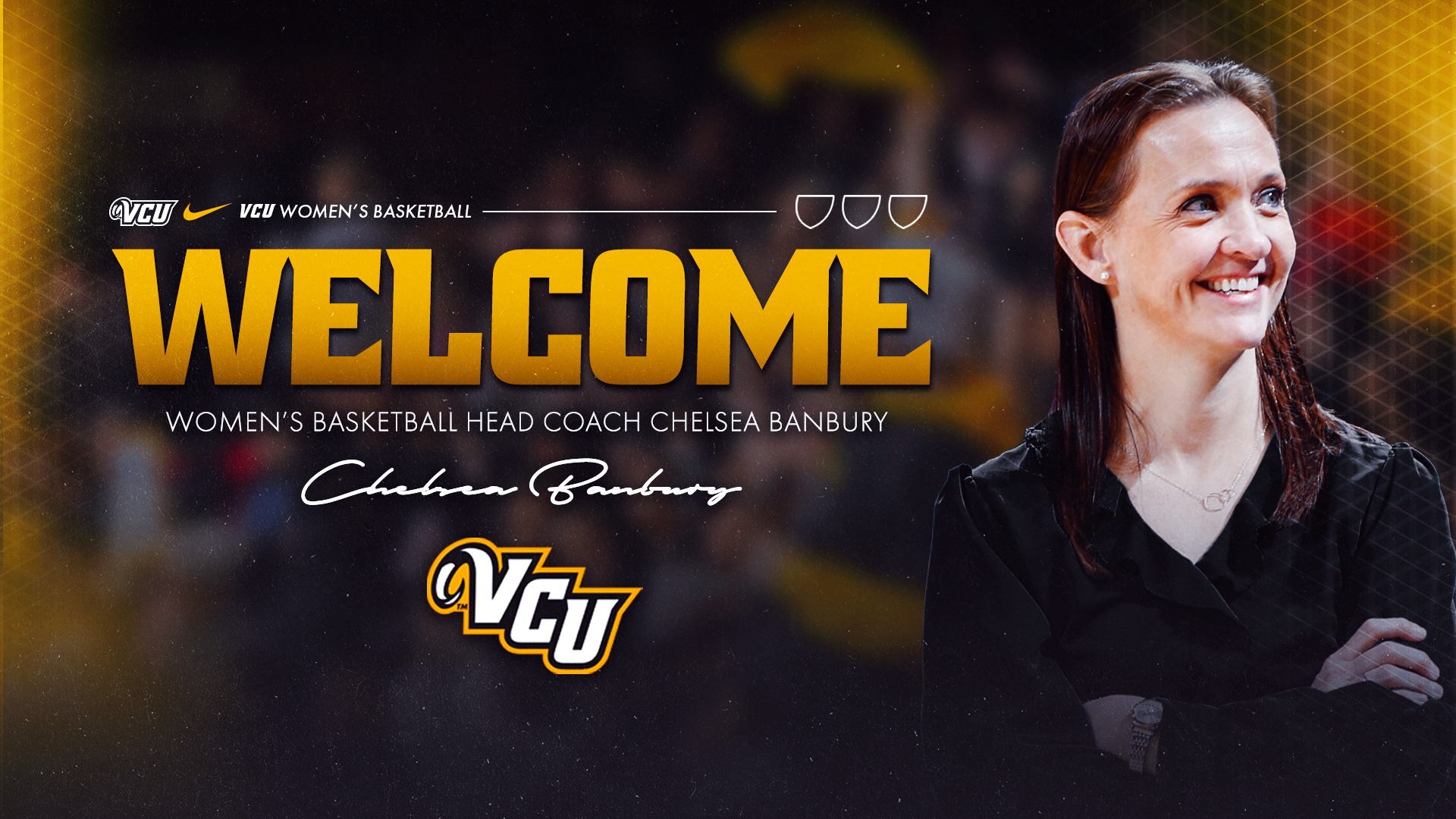 A graphic saying Welcome Chelsea Banbury as VCU Women's Basketball Head Coach on the left side with a photo of her on the right side smiling