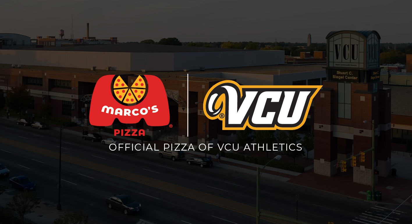 A photo of Marco's Pizza Logo and VCU's logo side-by-side announcing them as the official Pizza of VCU Athletics 