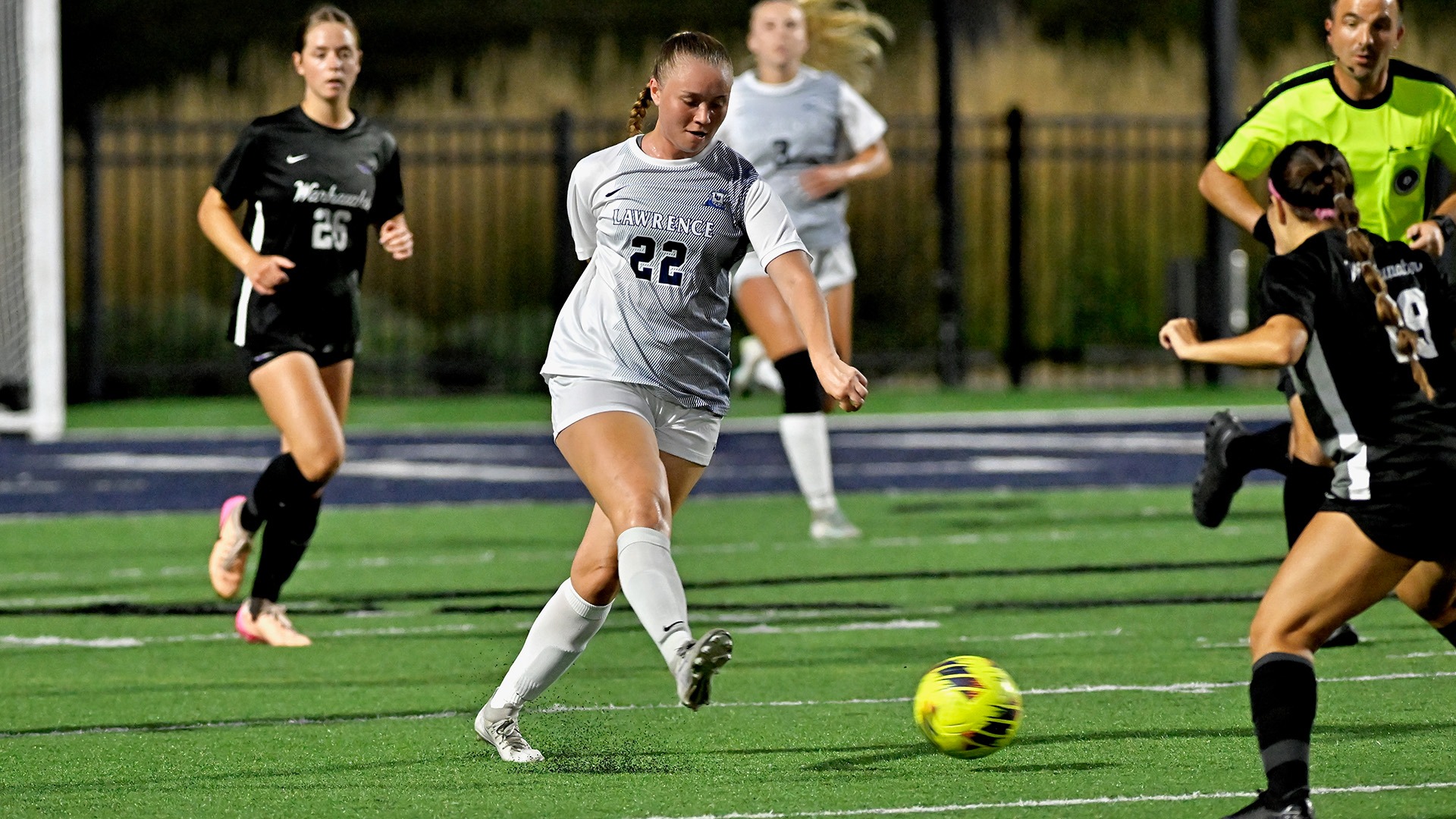 Lawrence women's soccer action Ava Elders