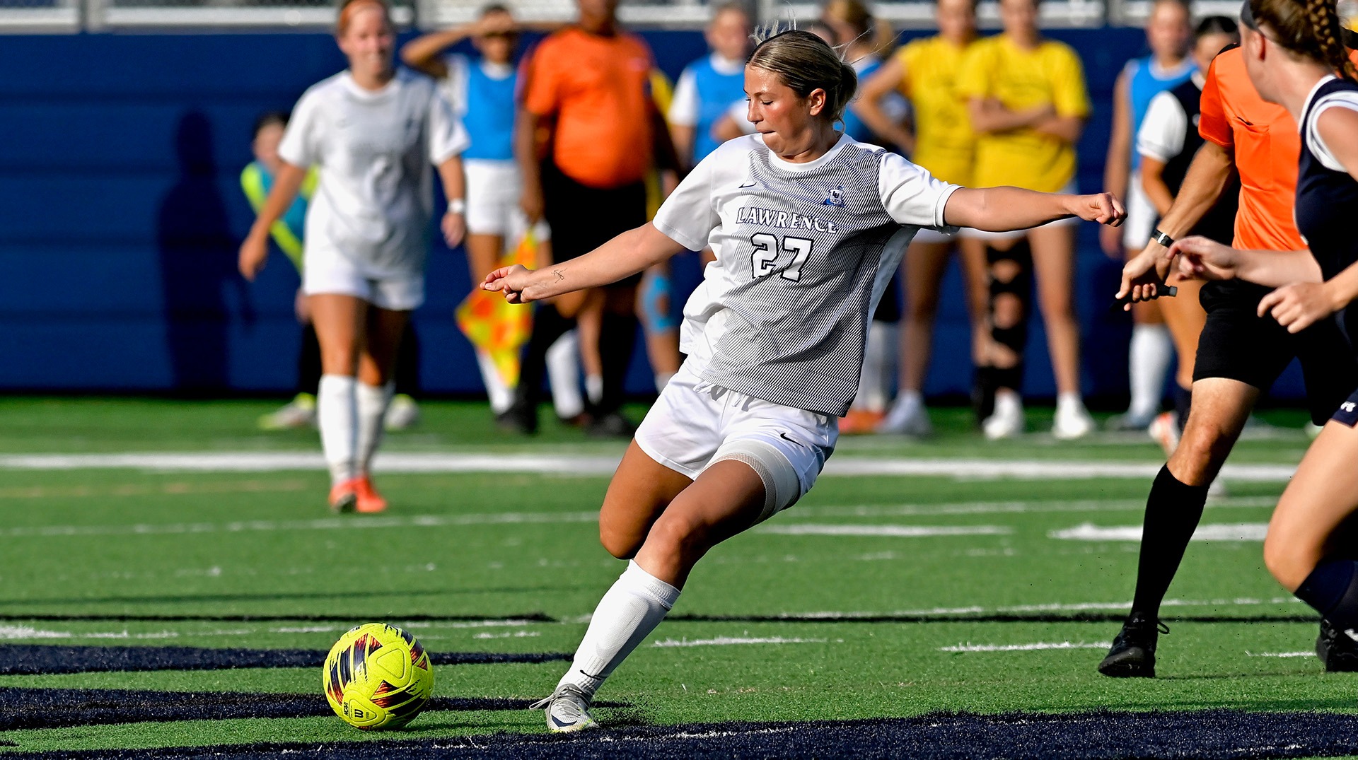 Lawrence women's soccer action Kylie Melonis