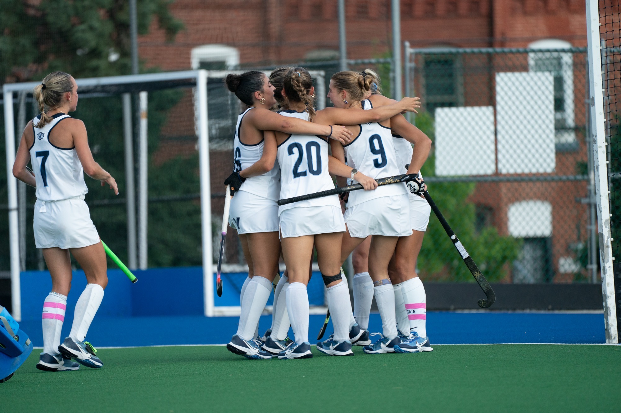 Villanova field hockey celebrates a goal against Delaware