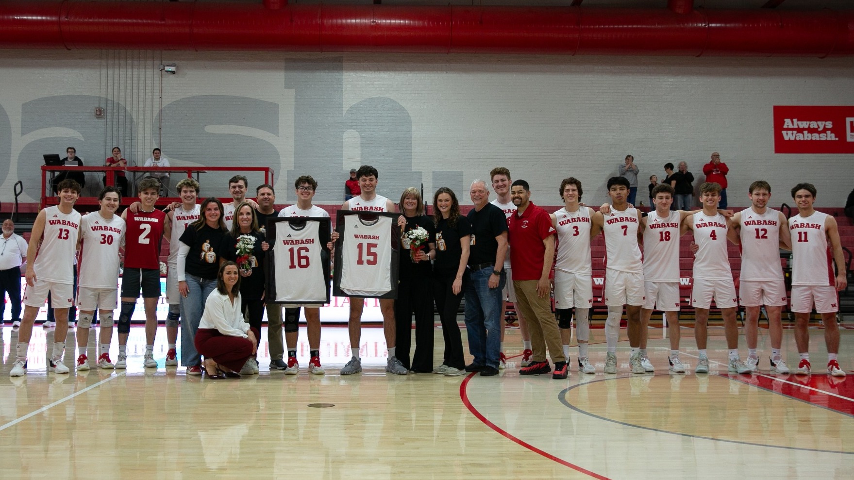 The 2025 Wabash College volleyball team honors seniors Will Beikes and Jackson Leeper