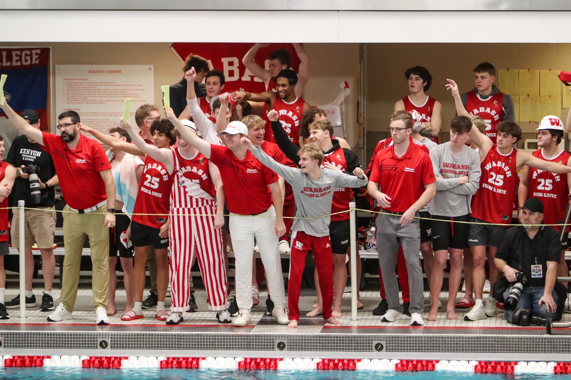 Members of the Wabash College swimming and diving team at the 2025 NCAC Championships at Denison University