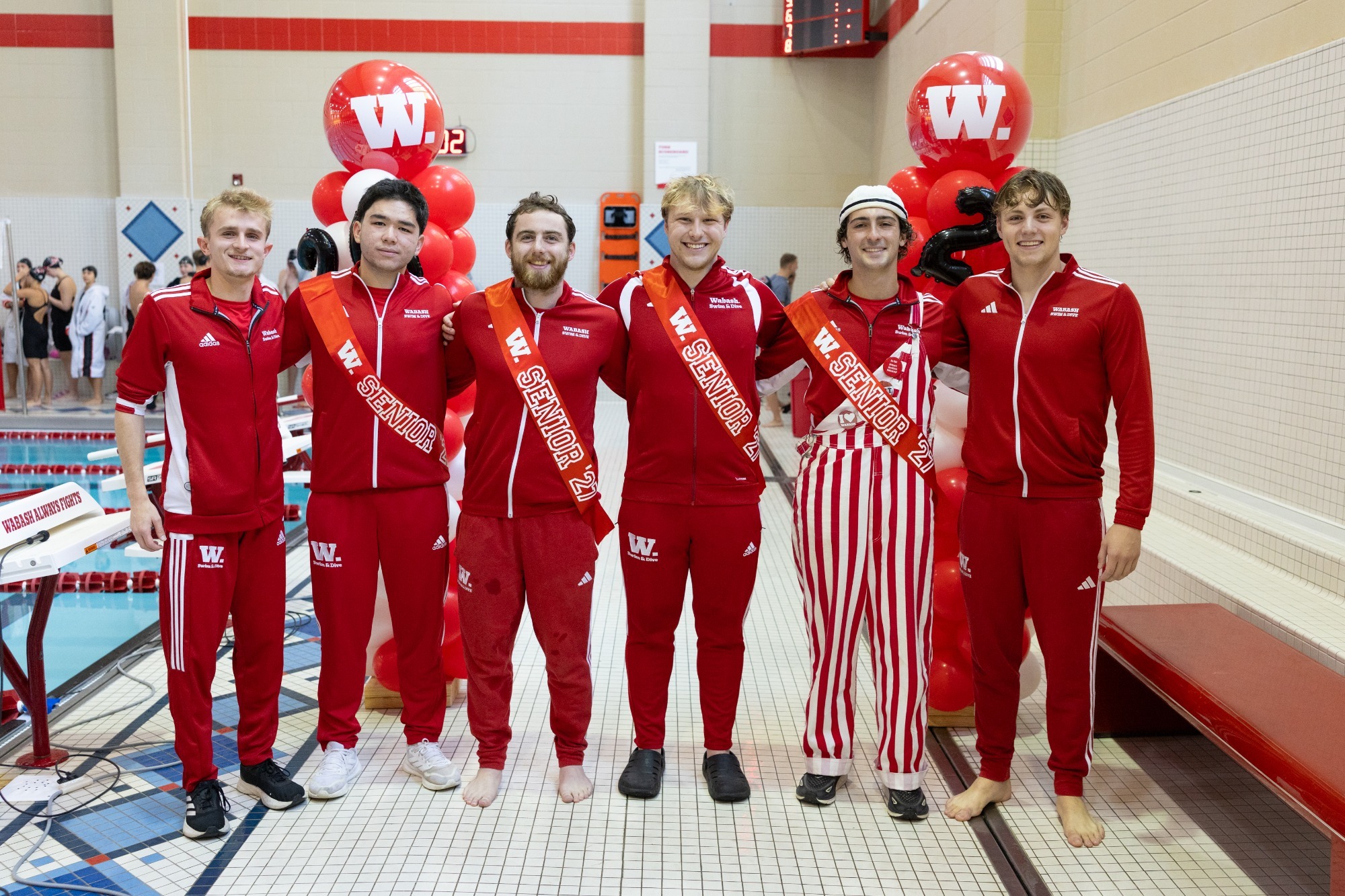 The senior members of the 2026-2027 Wabash College swimming and diving team.