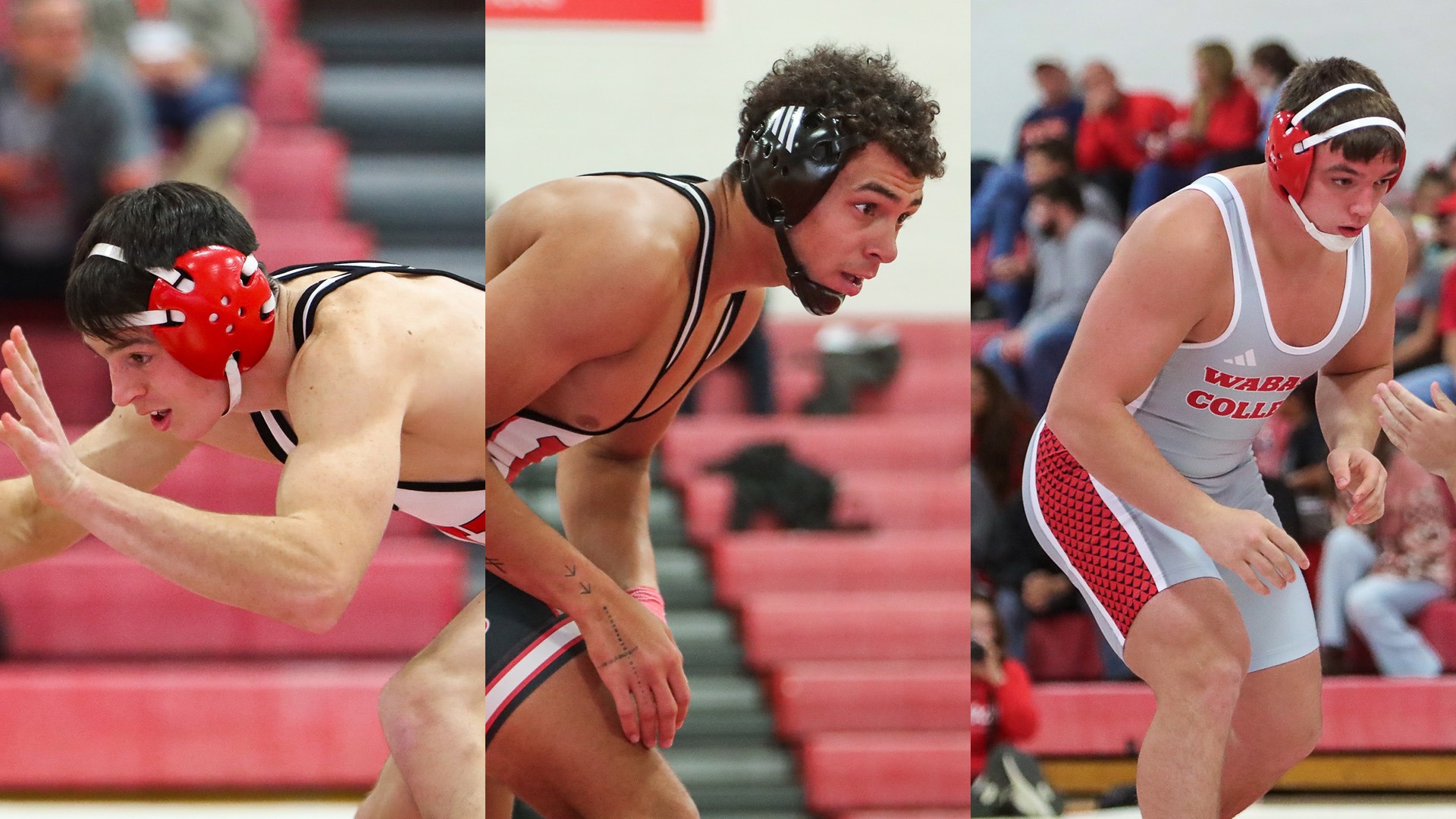 Wabash College regional wrestling champions James Day, Jaylen Young, and Titus Waters