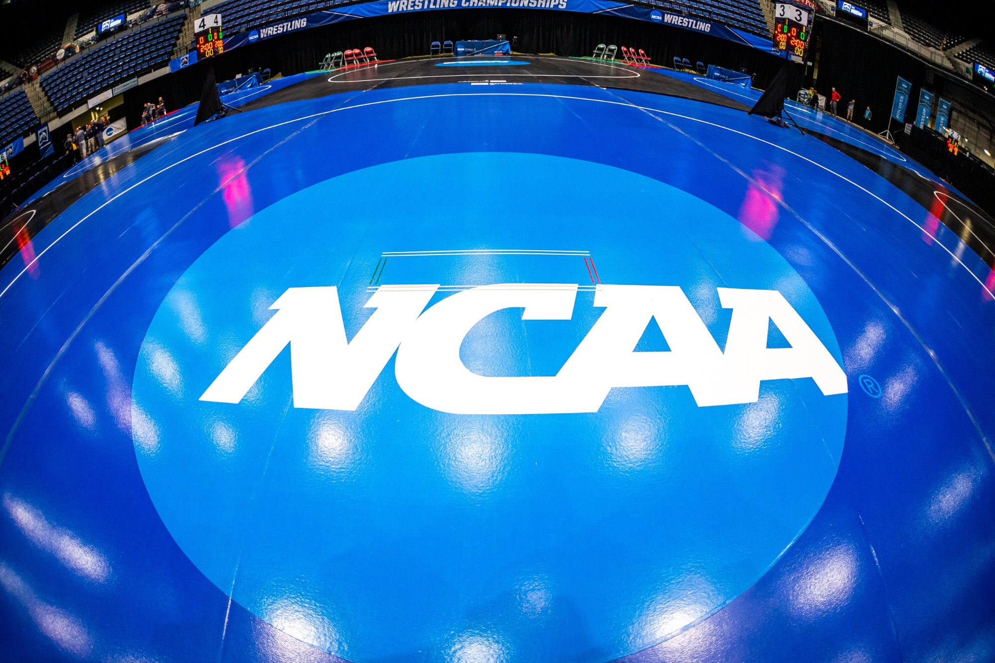 NCAA Logo on a wrestling mat at the NCAA Championship Tournament in Cedar Rapids, Iowa