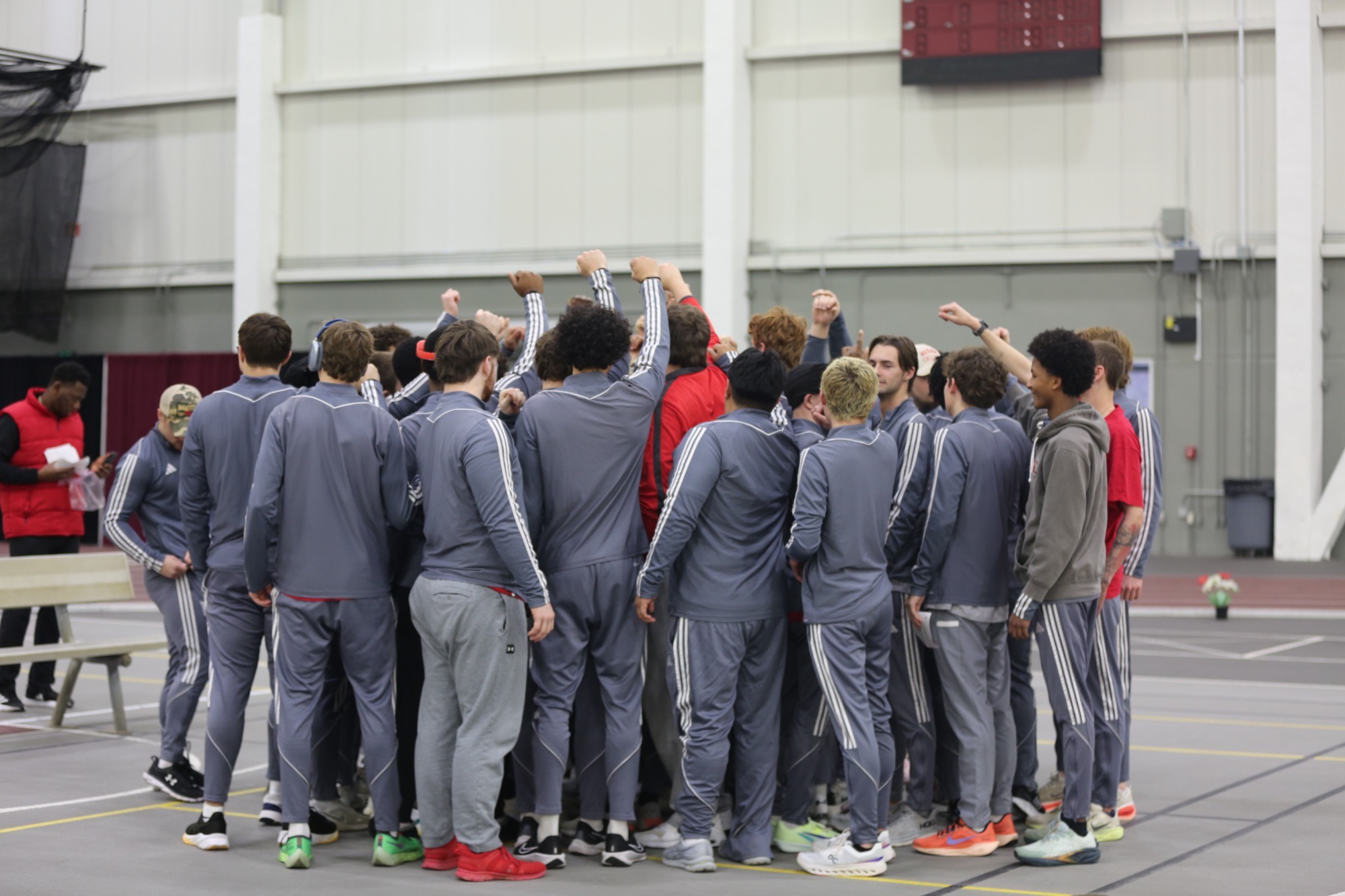 The 2026 Wabash College indoor track and field team prior to the start of a meet.
