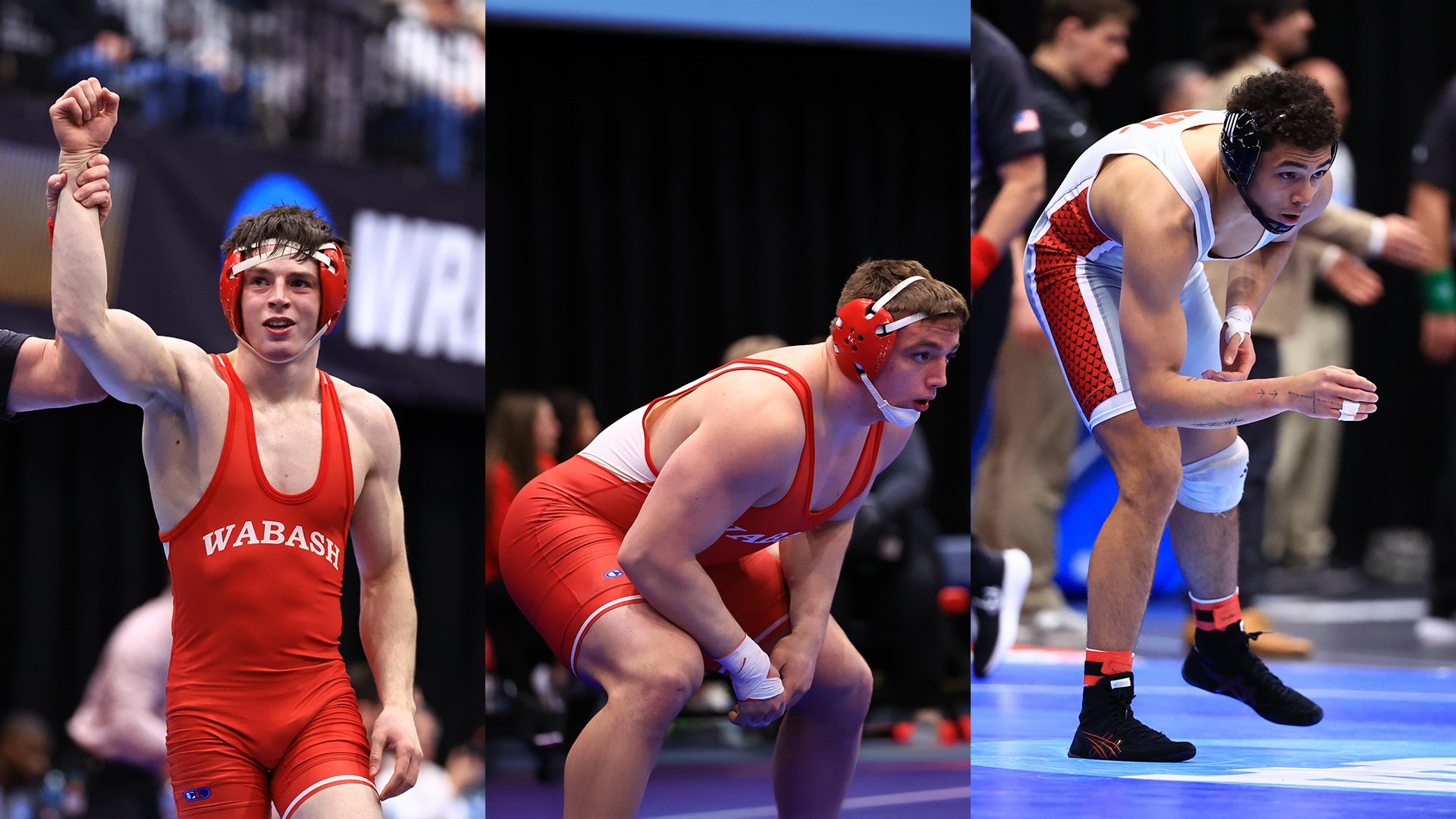 James Day, Titus Waters, and Jaylen Young at the 2026 NCAA Division III Men's National Wrestling Tournament.