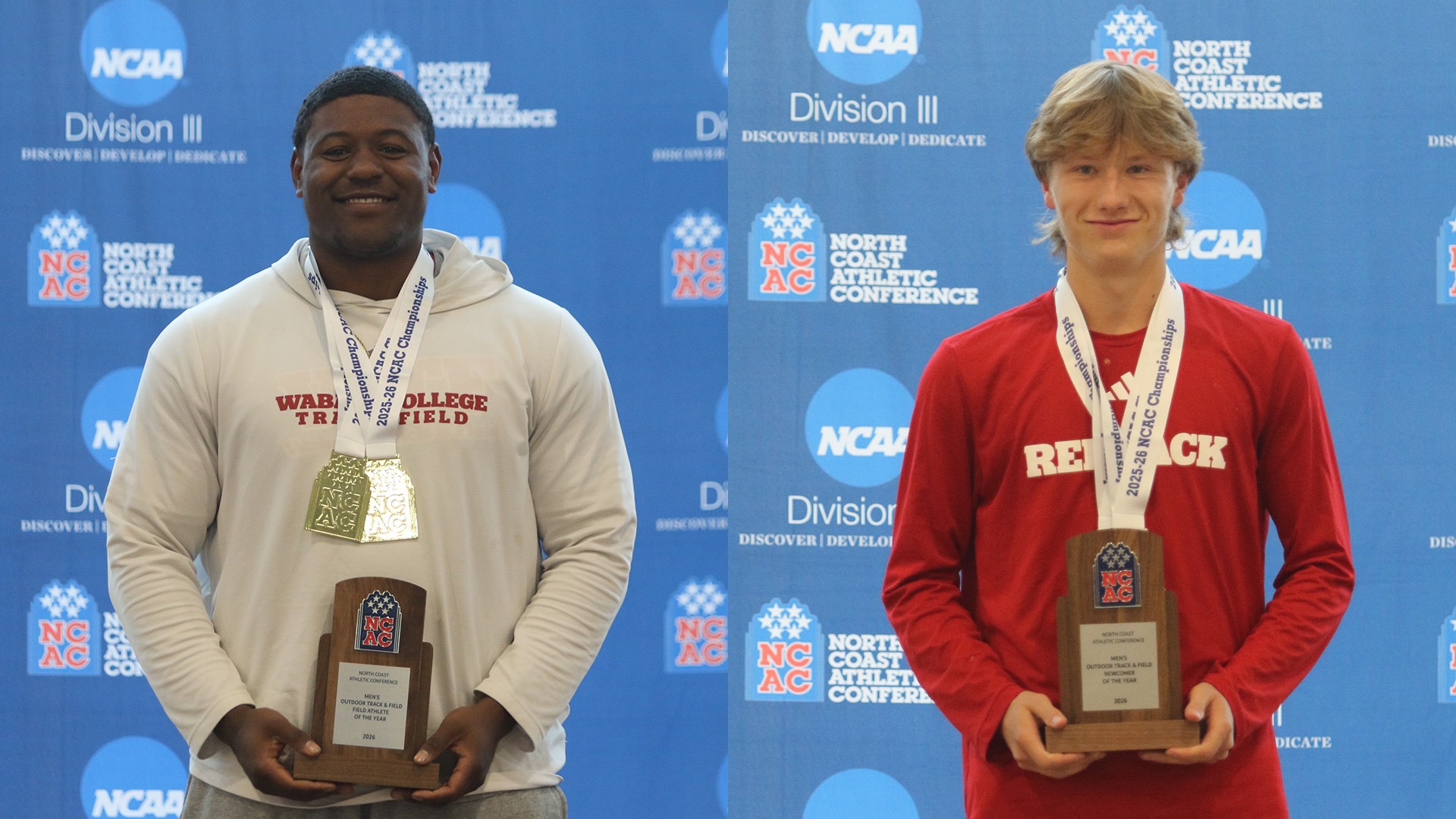 Quinn Sholar and Sam Vaught earned Men's Field Athlete of the Year and Men's Newcomer of the Year at the 2026 North Coast Athletic Conference Outdoor Track and Field Championships