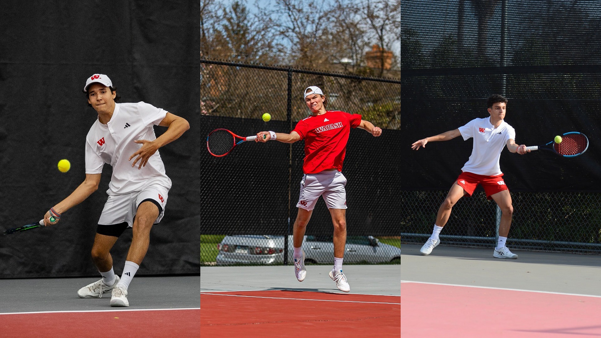 2026 All-NCAC Men's Tennis Team members Murilo Guarniari, Augusto Ghidini, and Rafael Rin