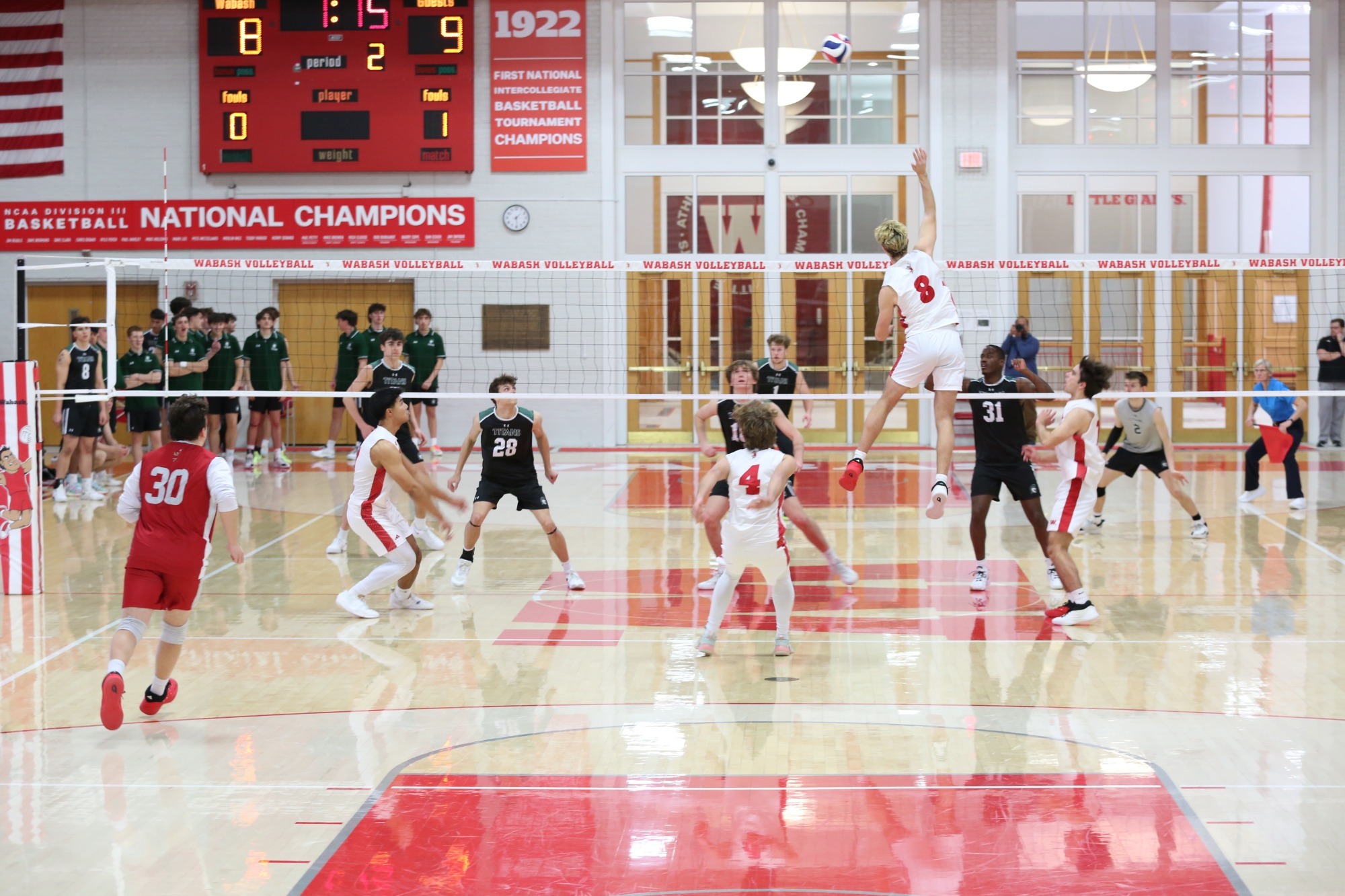 The 2026 Wabash College volleyball team in action