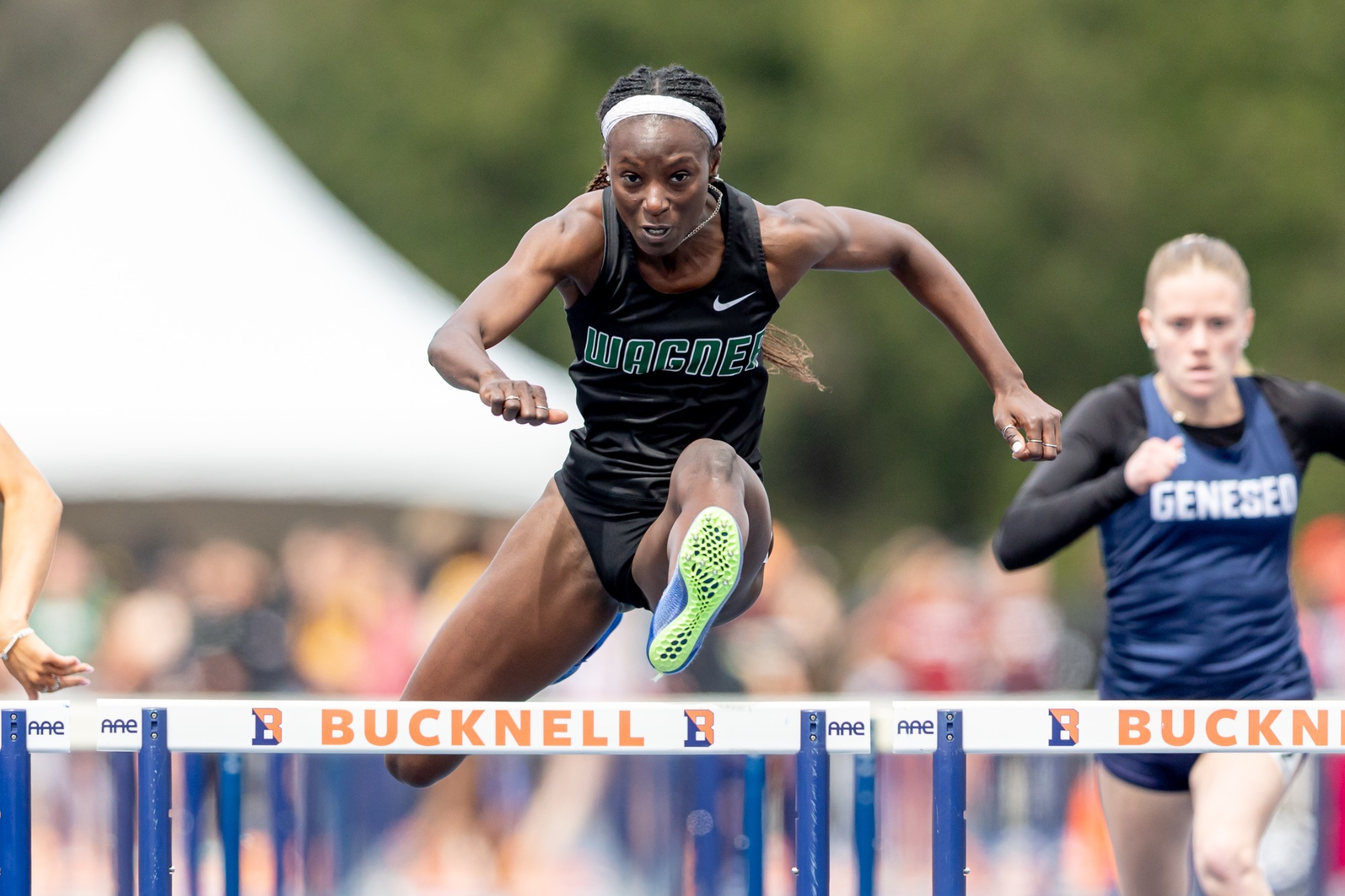 Ruth-Ann Chambers hurdles at the Bison Outdoor Classic