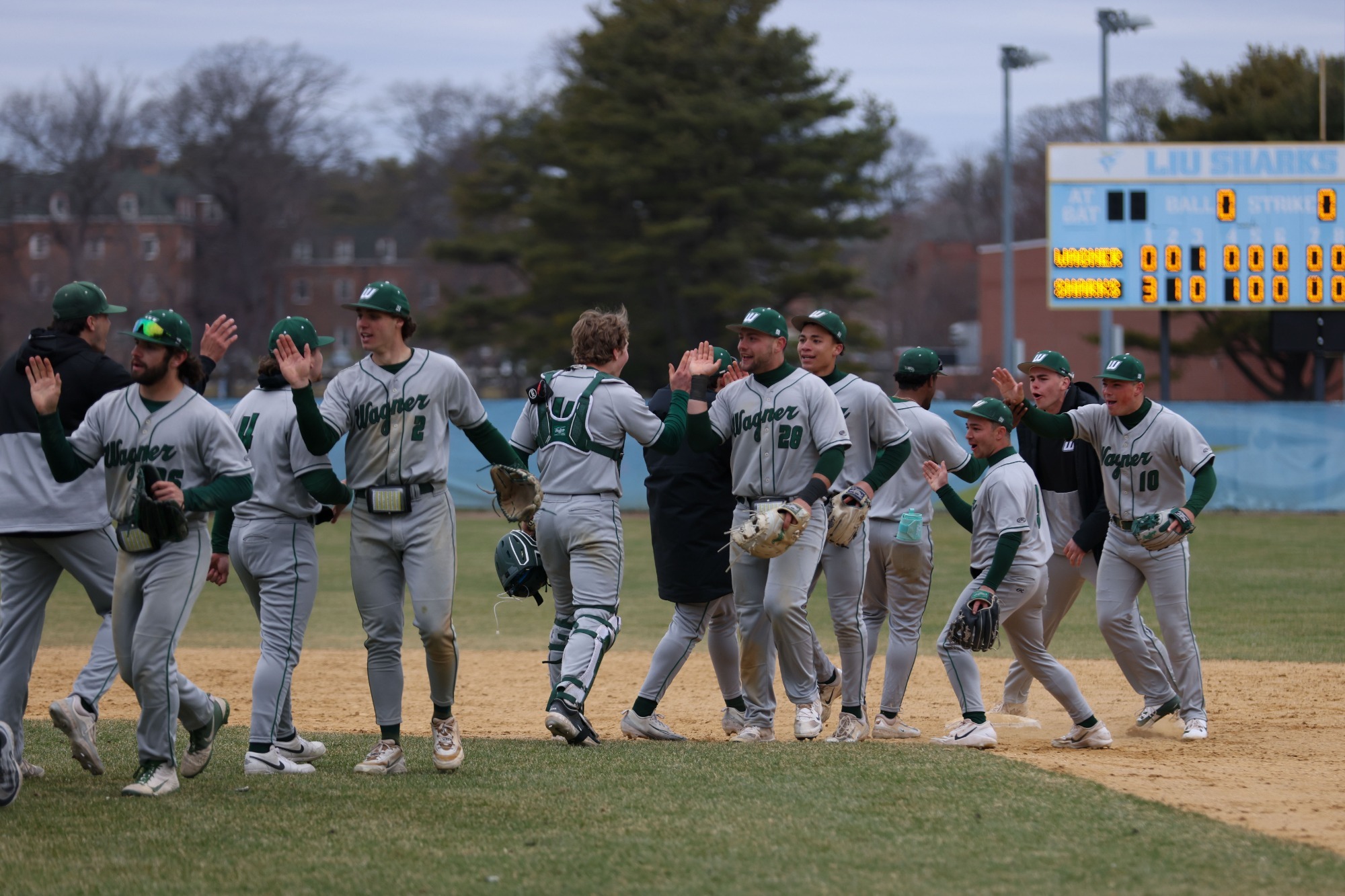 Wagner celebrates after a 9-5 win over LIU in game two of its 3/15/26 doubleheader