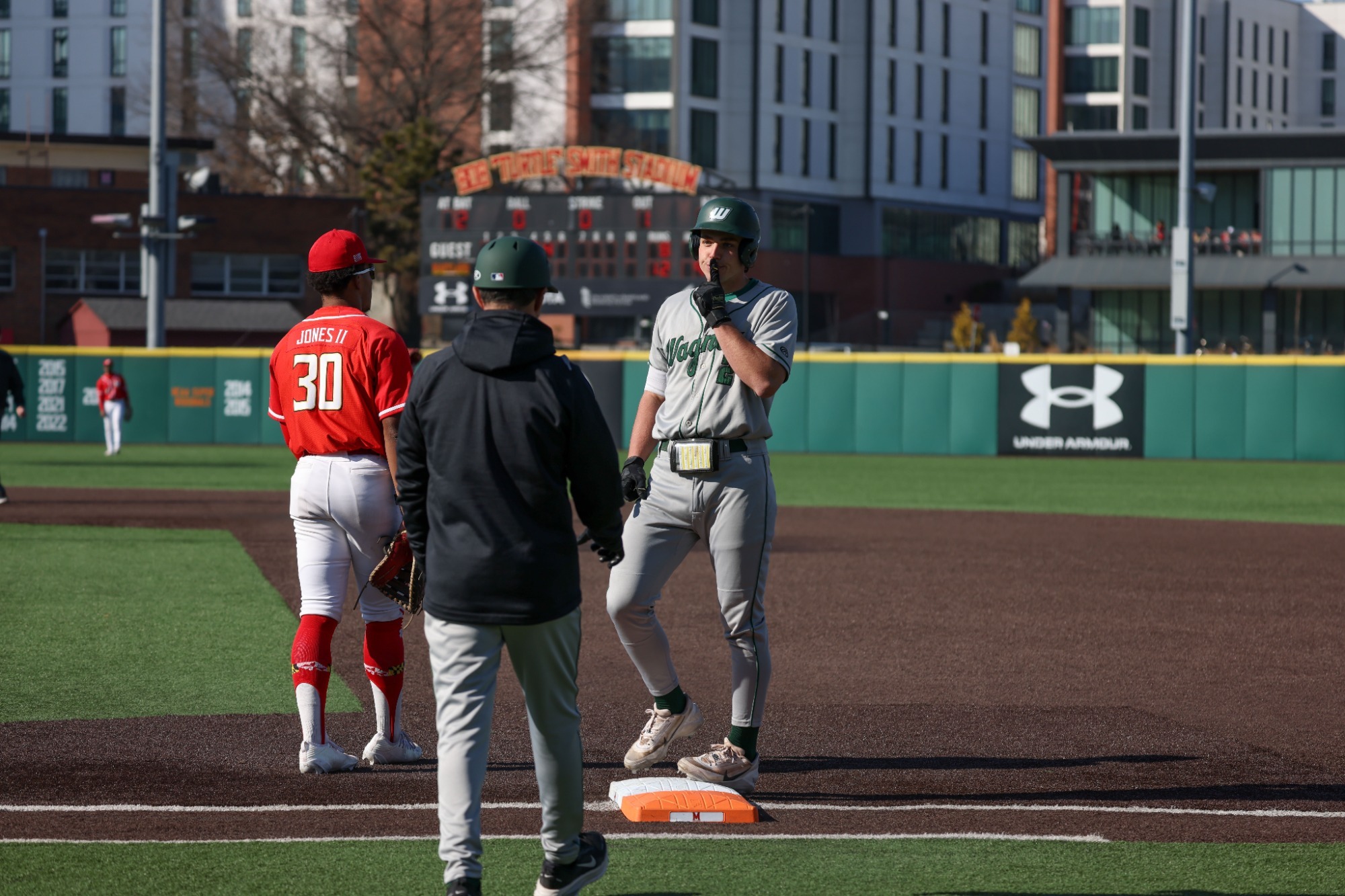 Dylan Immel stands on first after a single at Maryland 3/1/26