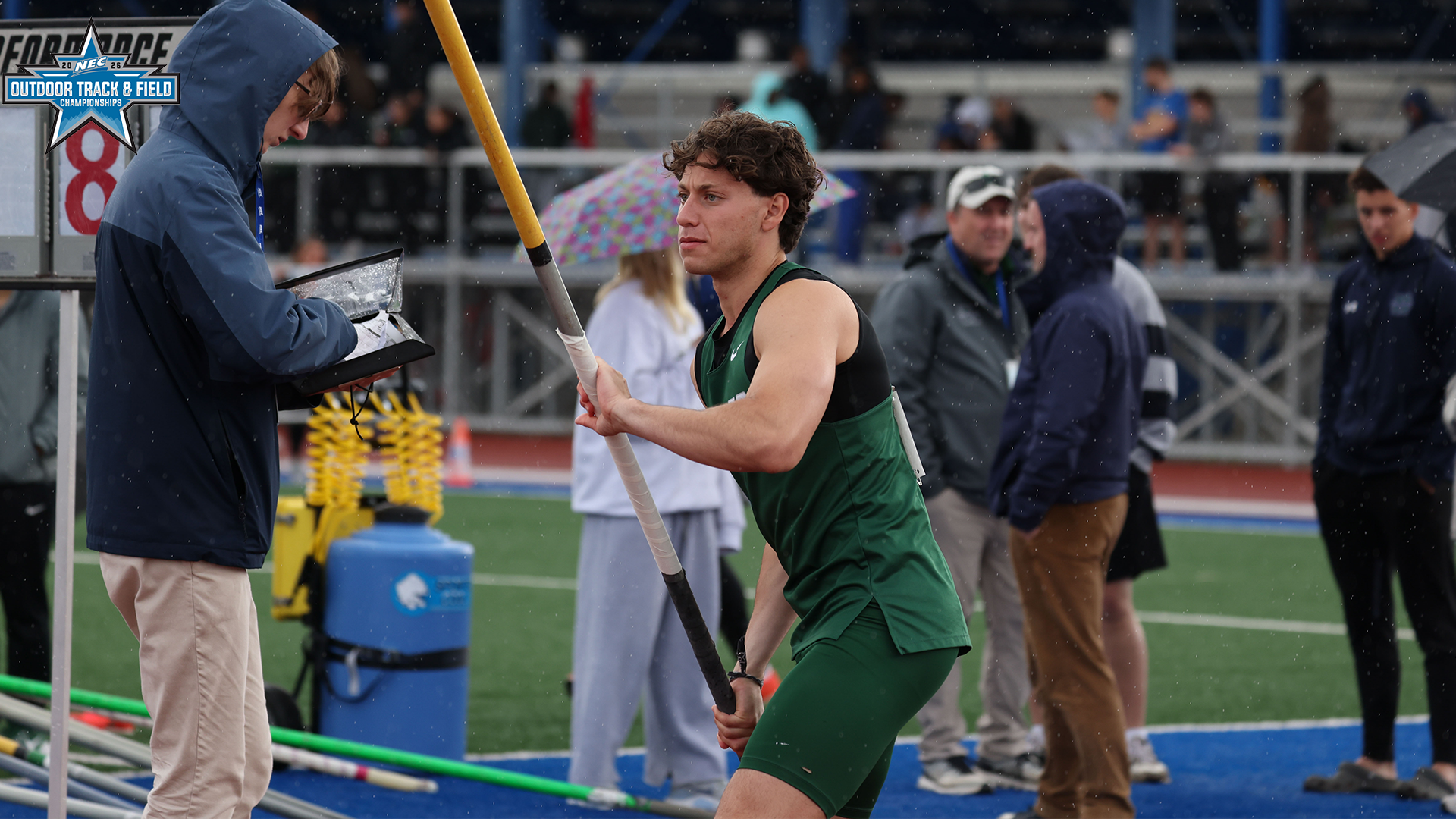 Amir Shokry pole vaults on day 1 of the 2026 NEC Outdoor Championships